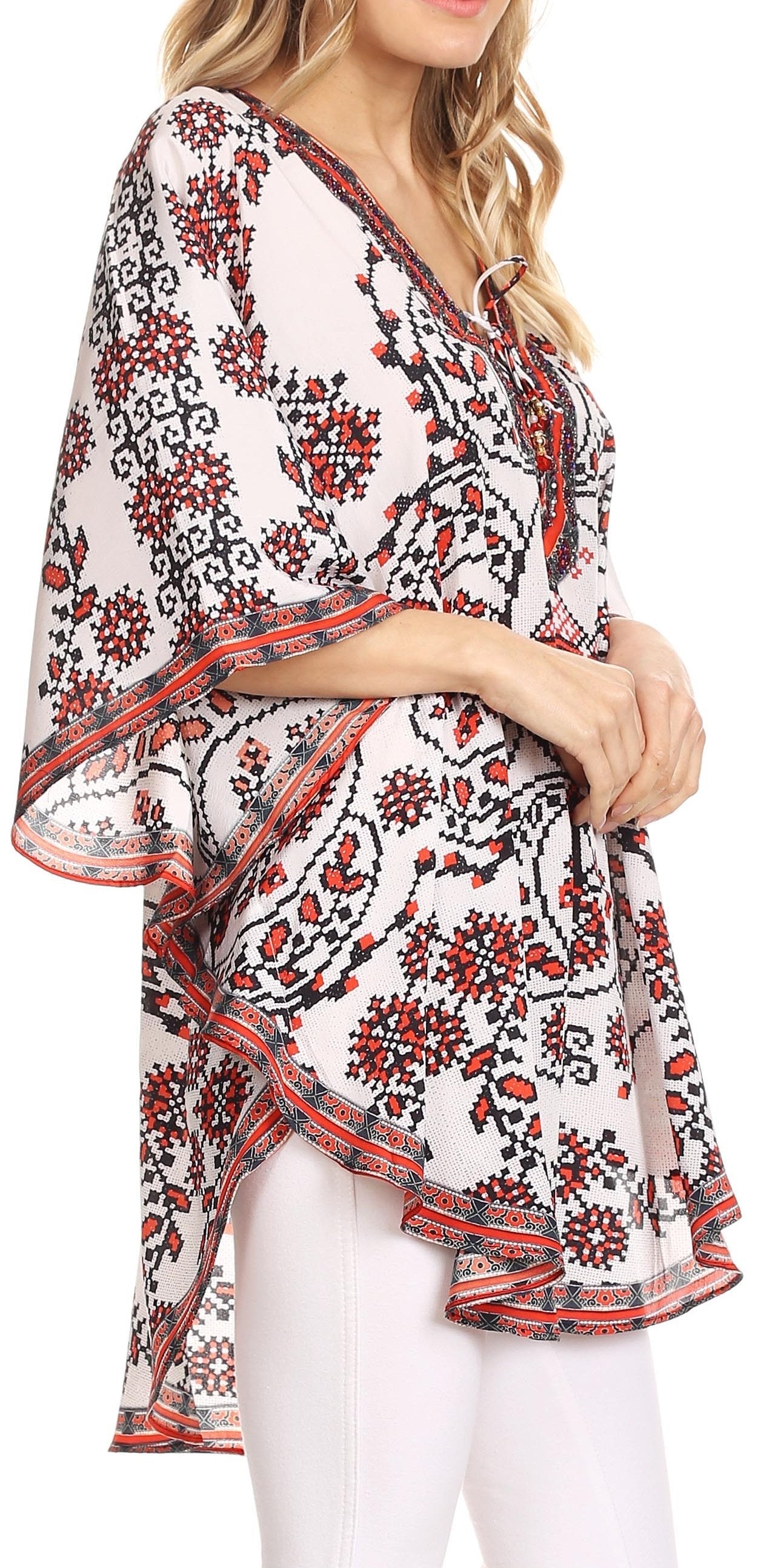 Sakkas - Tallulah Wide Circle Blouse V Neck Top With Tassle Ties And Rhinestones