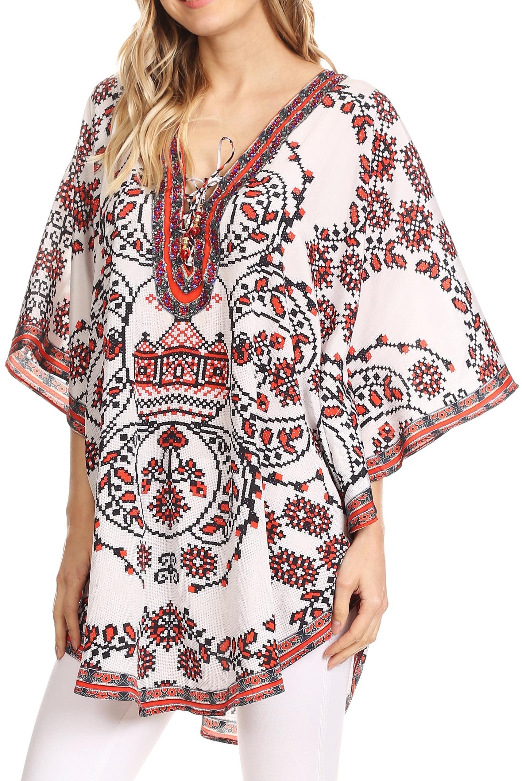 Sakkas - Tallulah Wide Circle Blouse V Neck Top With Tassle Ties And Rhinestones