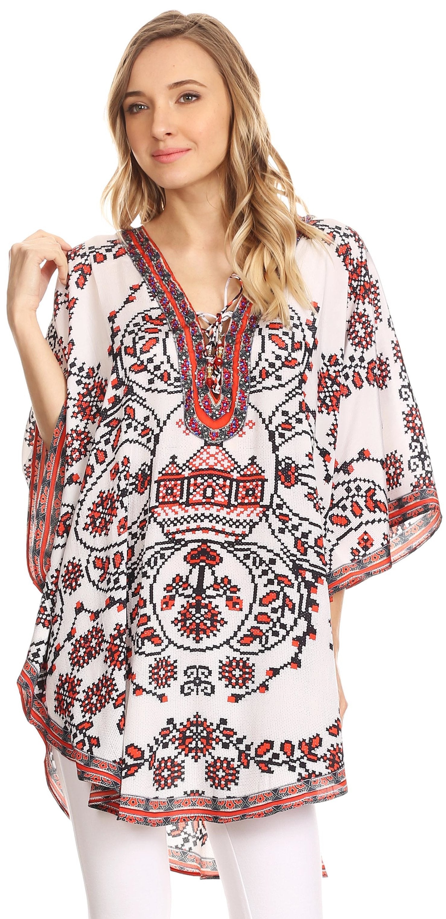 Sakkas - Tallulah Wide Circle Blouse V Neck Top With Tassle Ties And Rhinestones