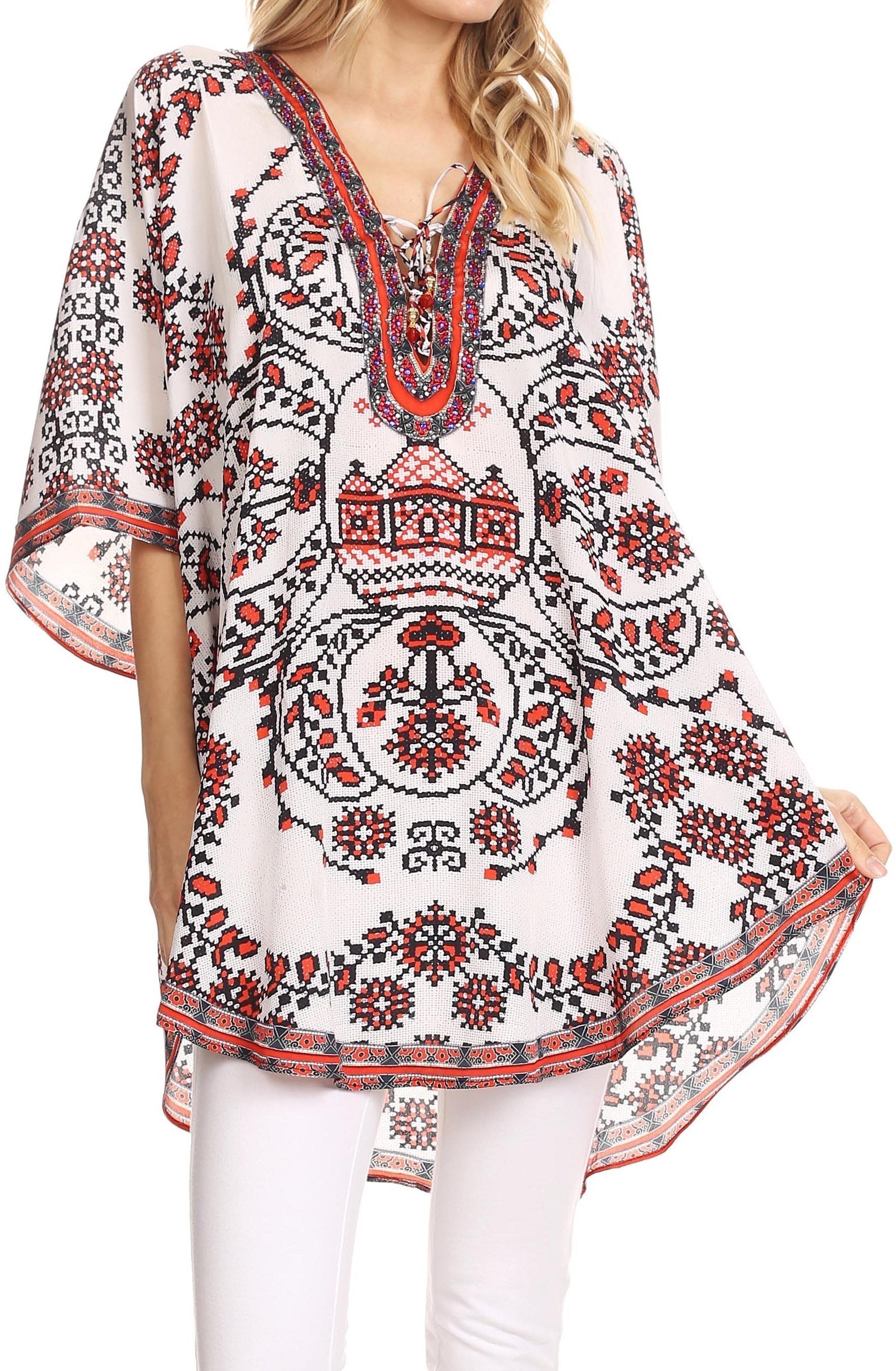 Sakkas - Tallulah Wide Circle Blouse V Neck Top With Tassle Ties And Rhinestones