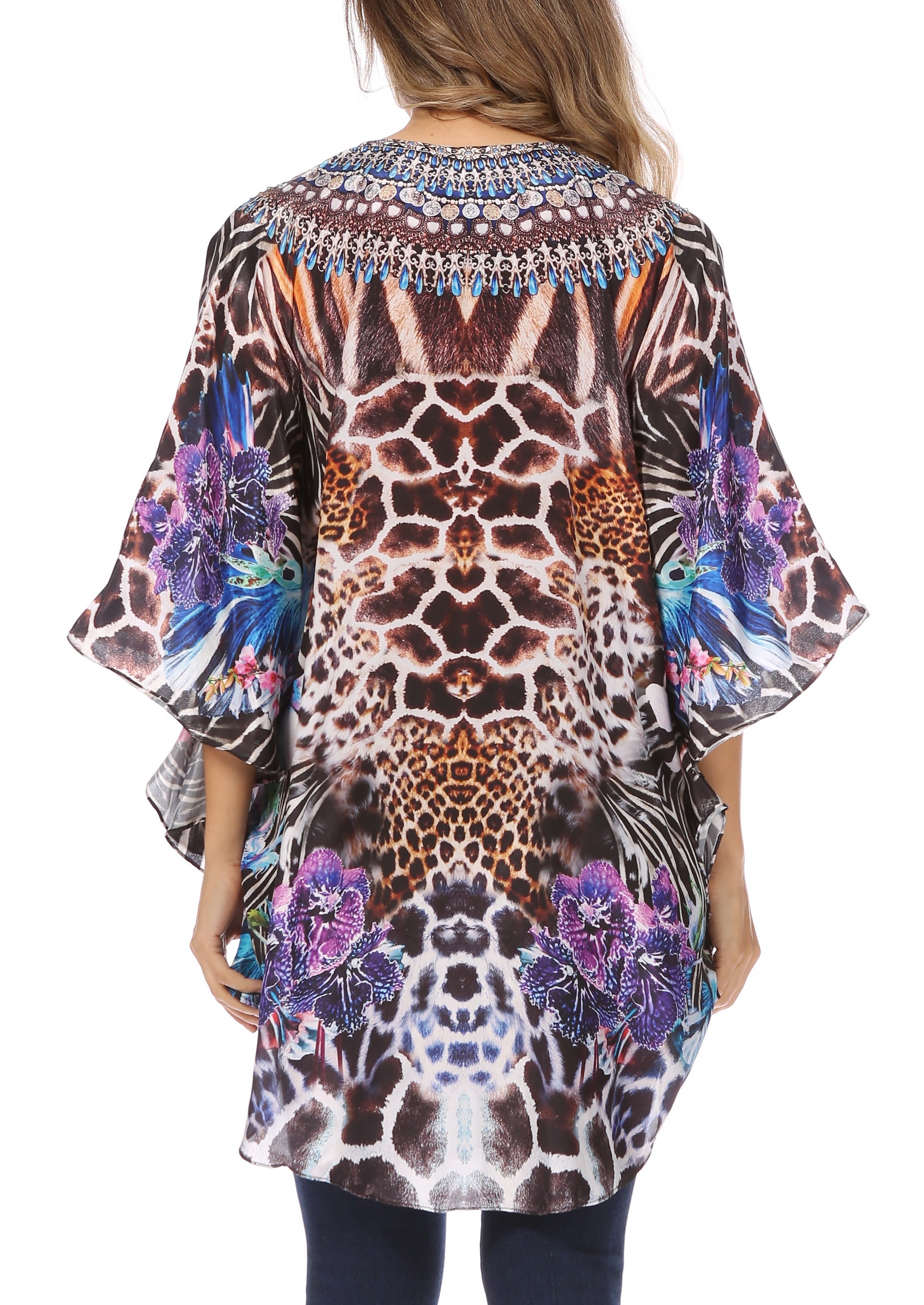 Sakkas - Tallulah Wide Circle Blouse V Neck Top With Tassle Ties And Rhinestones