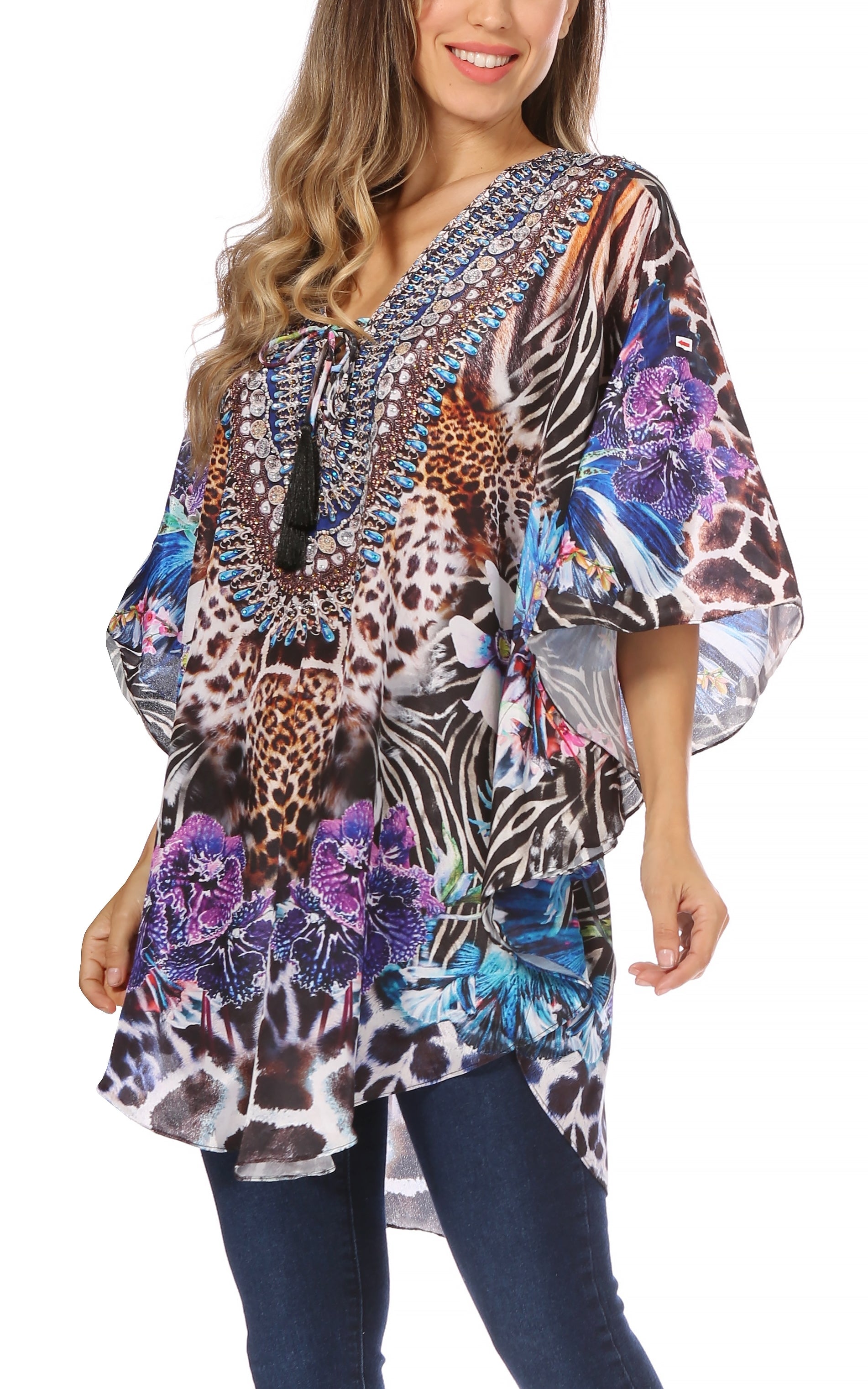 Sakkas - Tallulah Wide Circle Blouse V Neck Top With Tassle Ties And Rhinestones