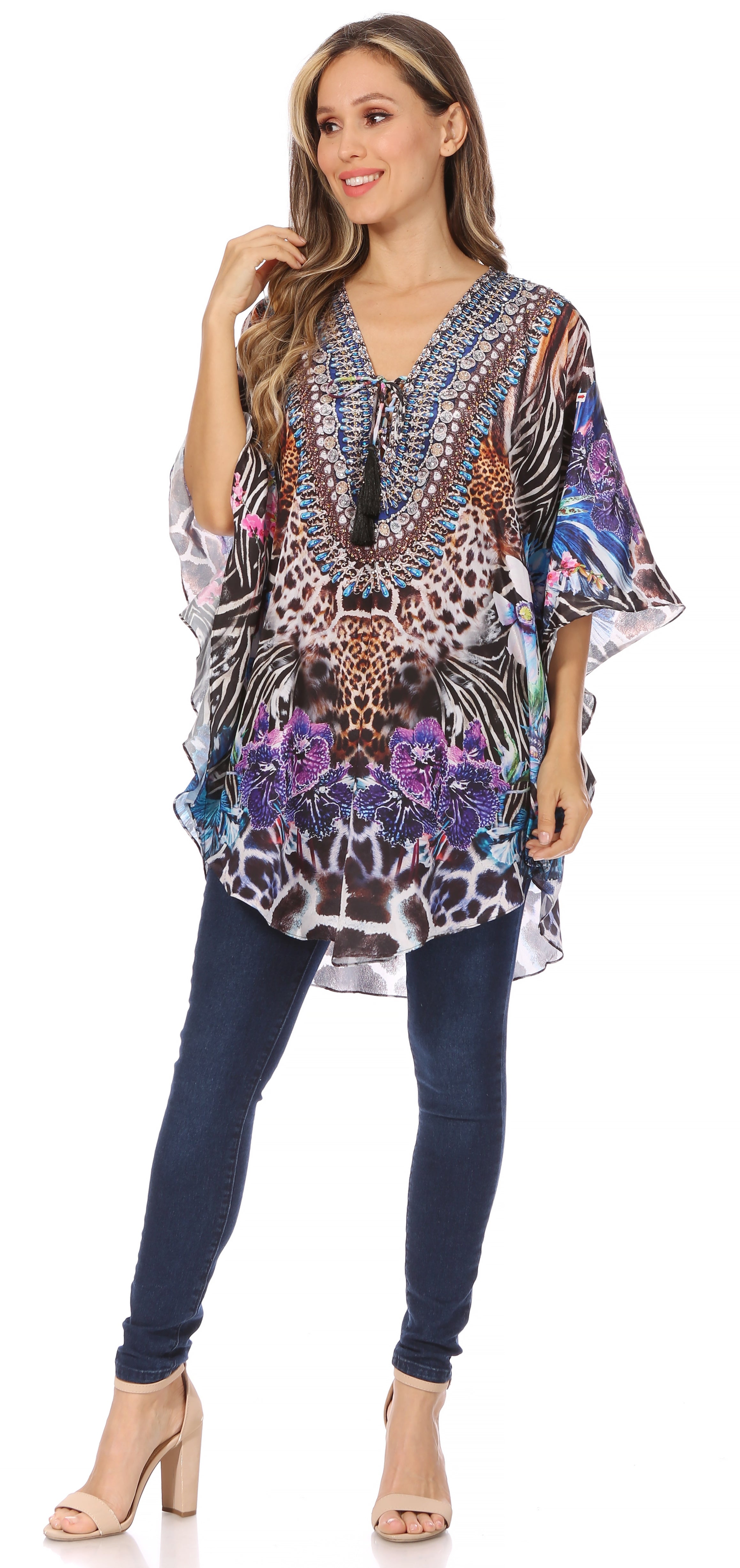 Sakkas - Tallulah Wide Circle Blouse V Neck Top With Tassle Ties And Rhinestones