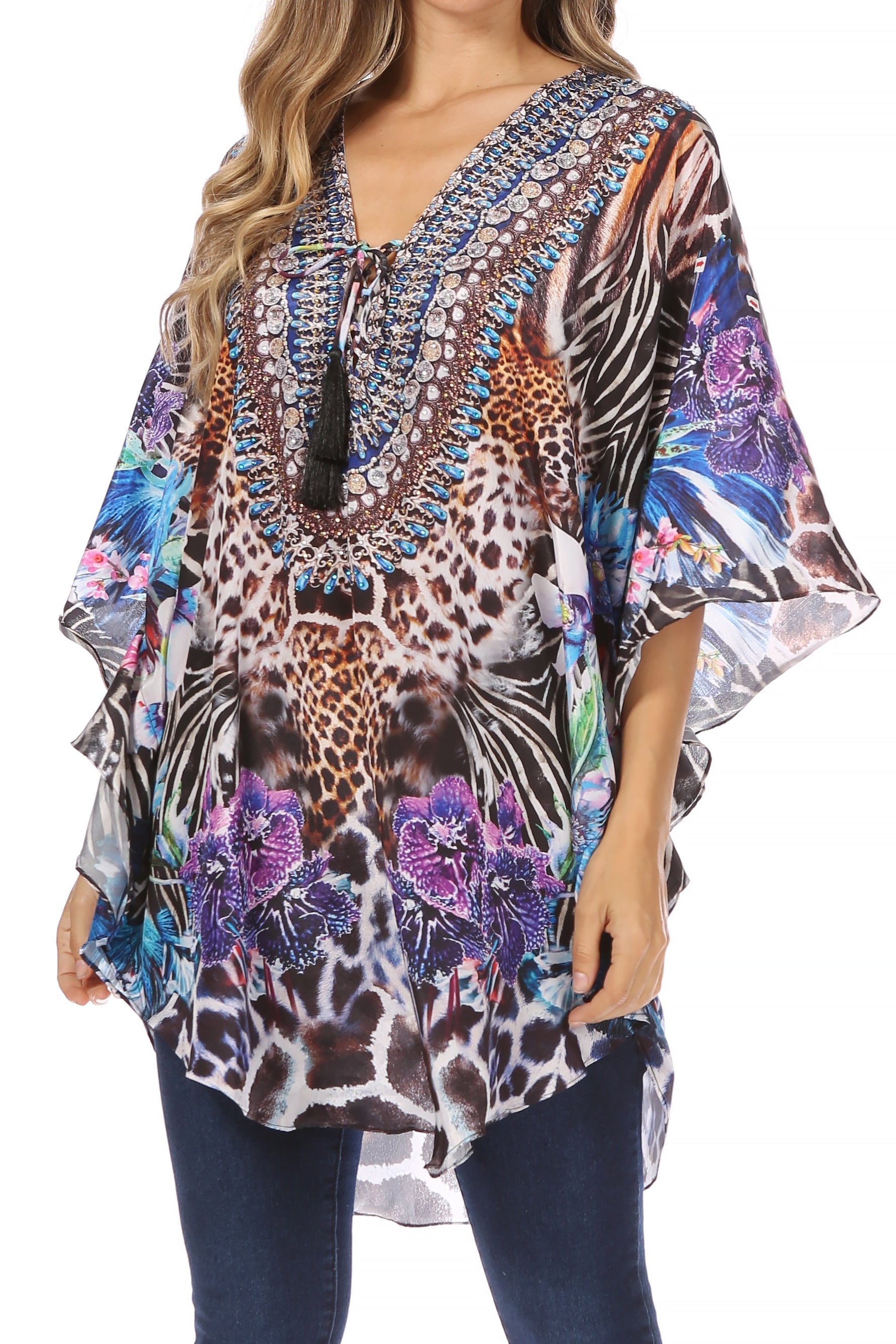 Sakkas - Tallulah Wide Circle Blouse V Neck Top With Tassle Ties And Rhinestones