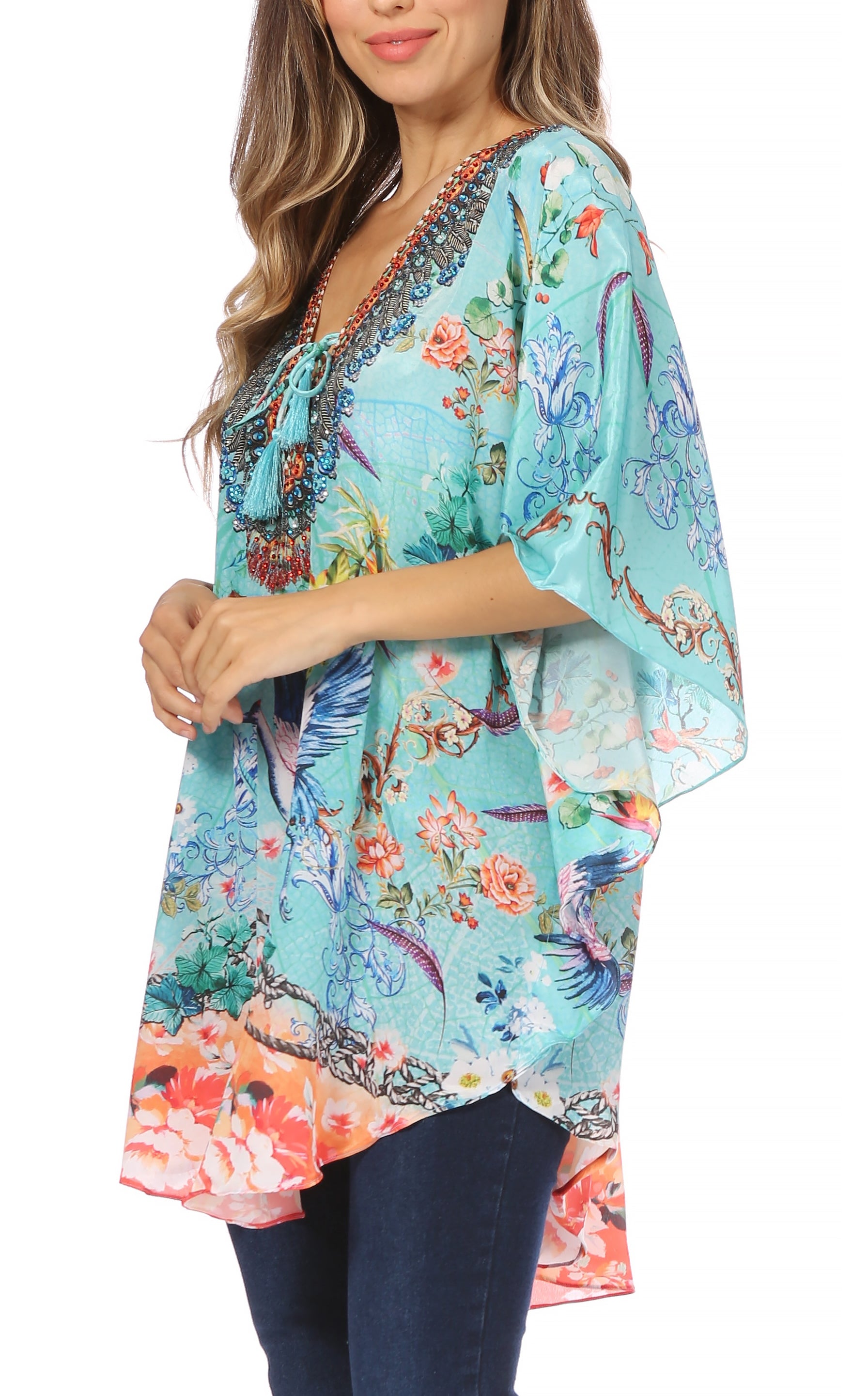 Sakkas - Tallulah Wide Circle Blouse V Neck Top With Tassle Ties And Rhinestones