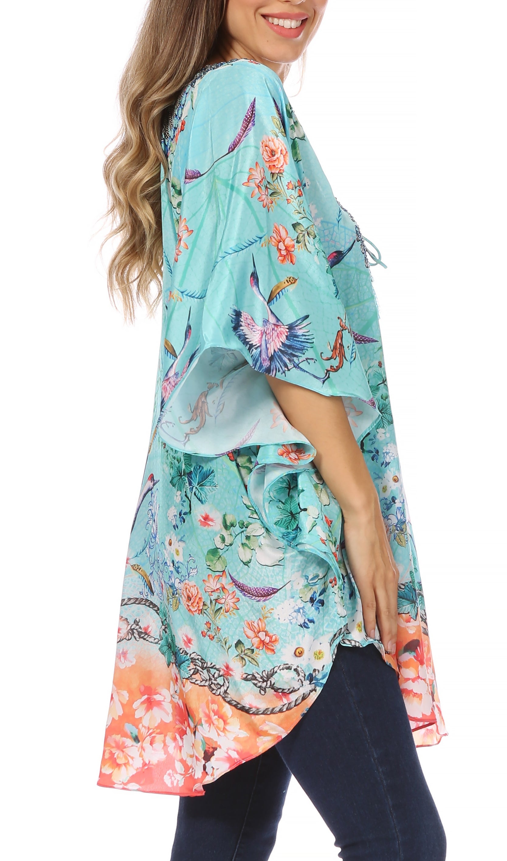 Sakkas - Tallulah Wide Circle Blouse V Neck Top With Tassle Ties And Rhinestones