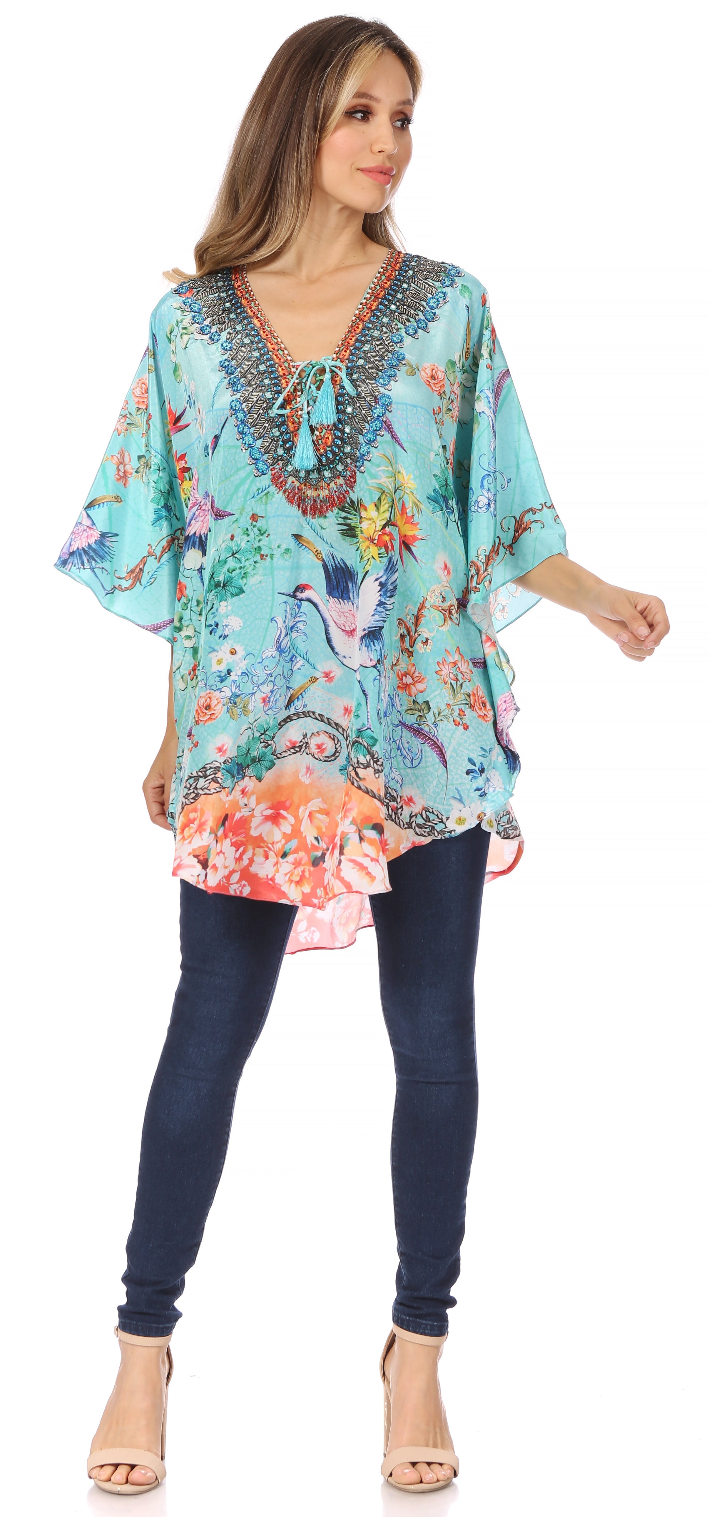 Sakkas - Tallulah Wide Circle Blouse V Neck Top With Tassle Ties And Rhinestones