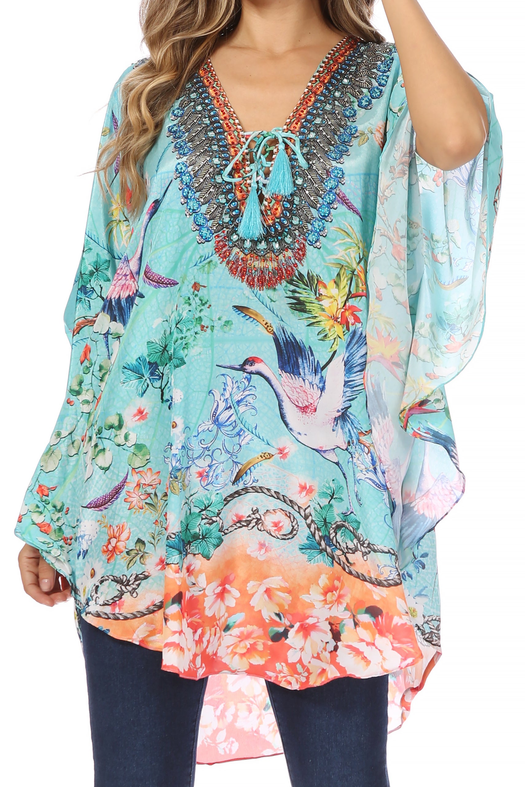 Sakkas - Tallulah Wide Circle Blouse V Neck Top With Tassle Ties And Rhinestones
