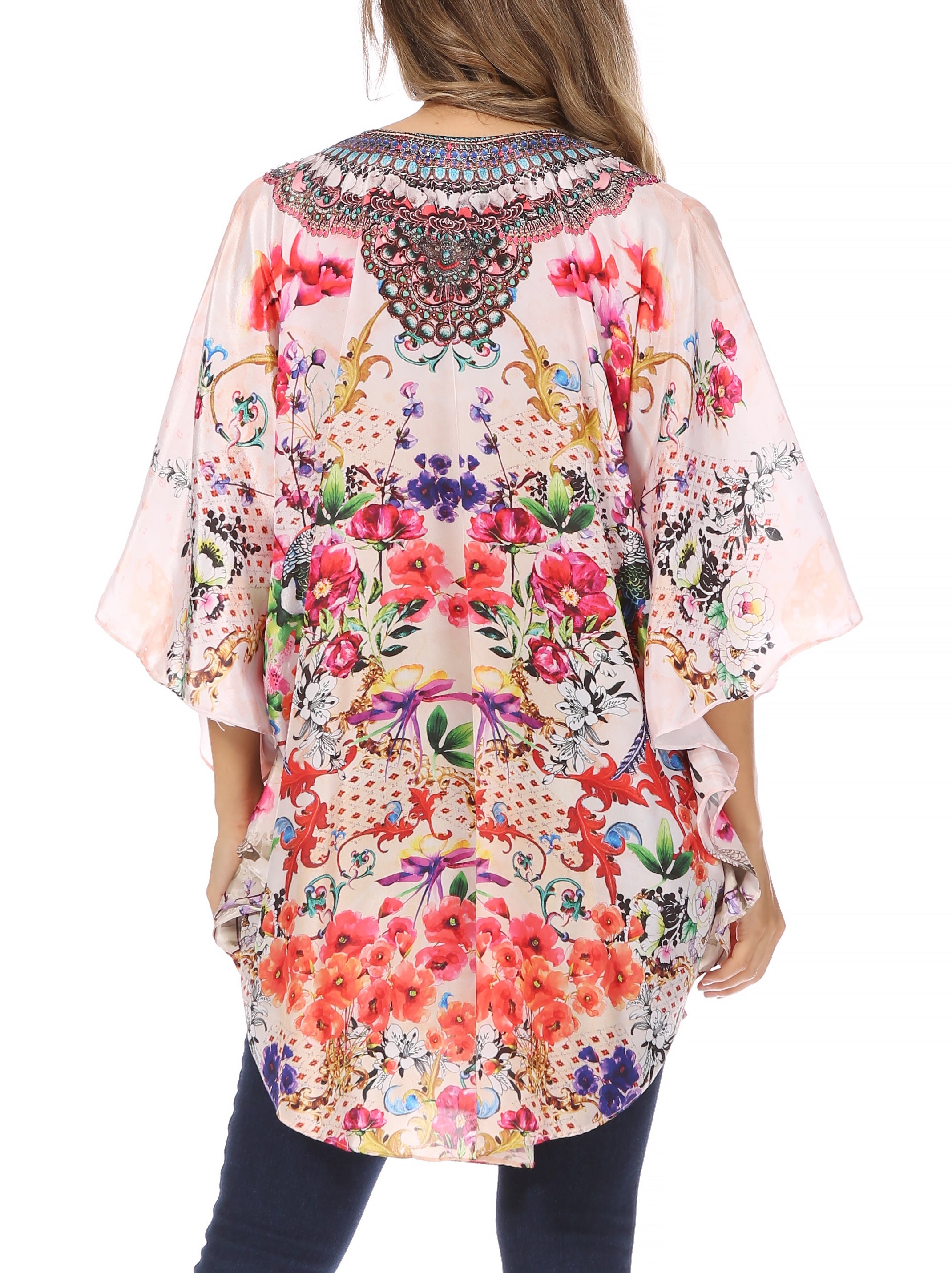 Sakkas - Tallulah Wide Circle Blouse V Neck Top With Tassle Ties And Rhinestones