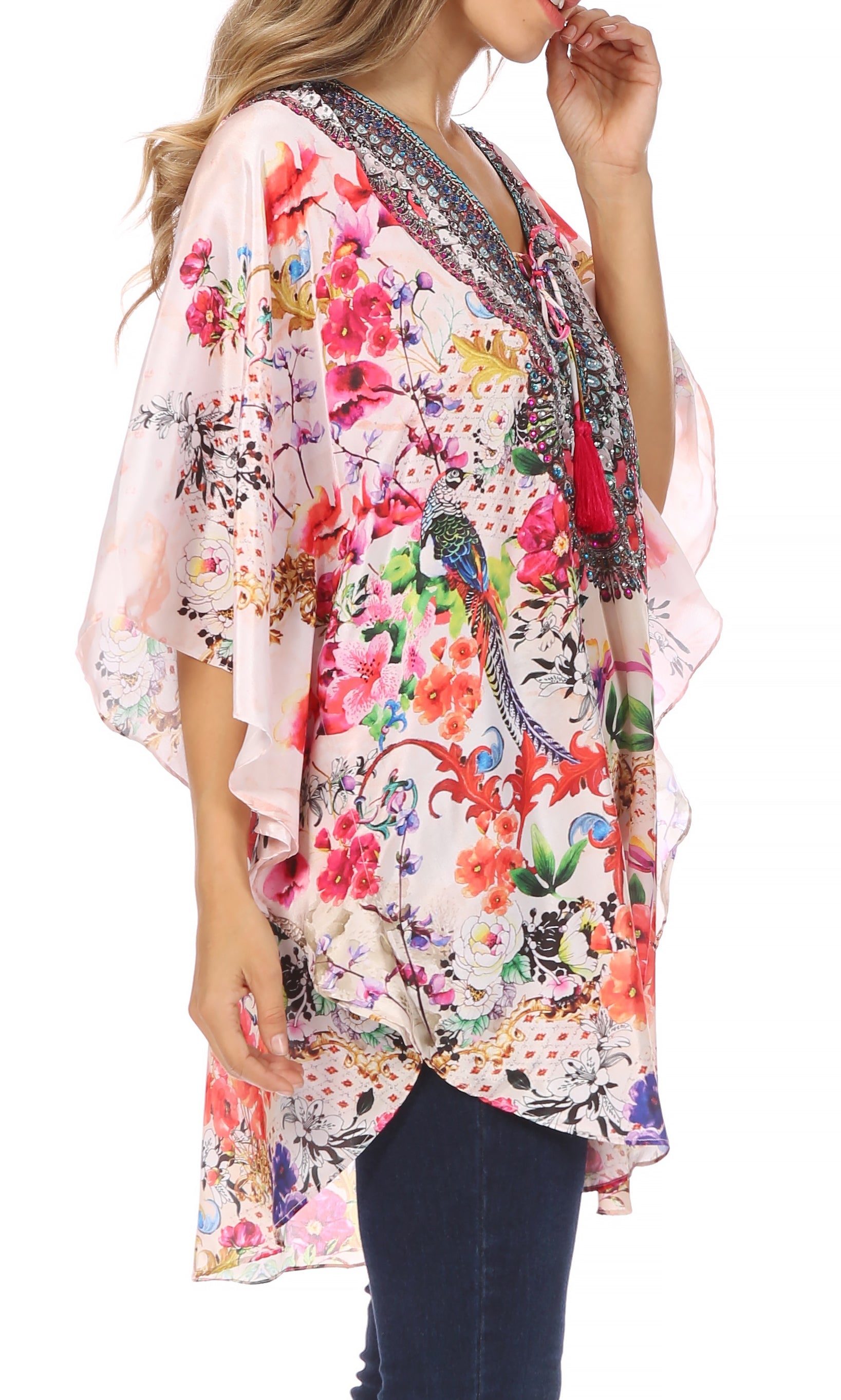 Sakkas - Tallulah Wide Circle Blouse V Neck Top With Tassle Ties And Rhinestones