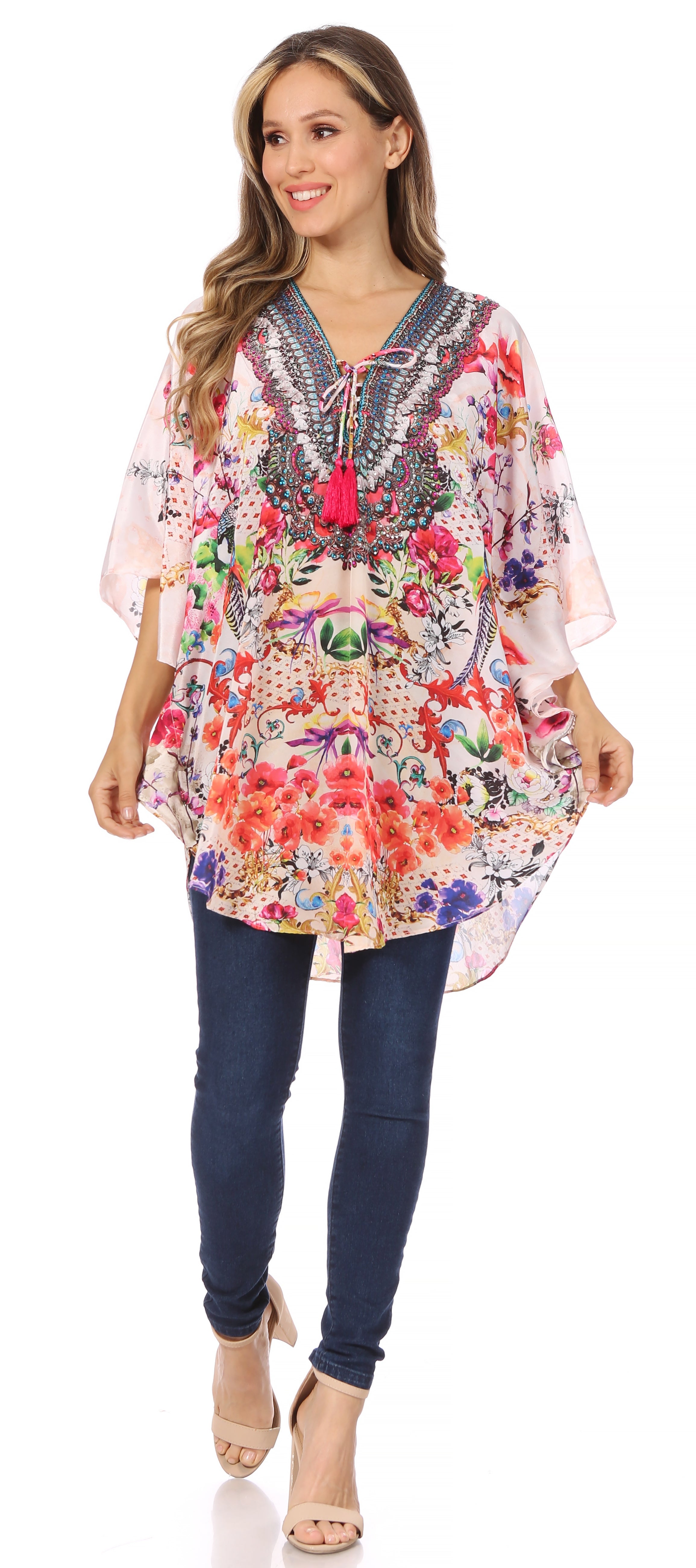 Sakkas - Tallulah Wide Circle Blouse V Neck Top With Tassle Ties And Rhinestones