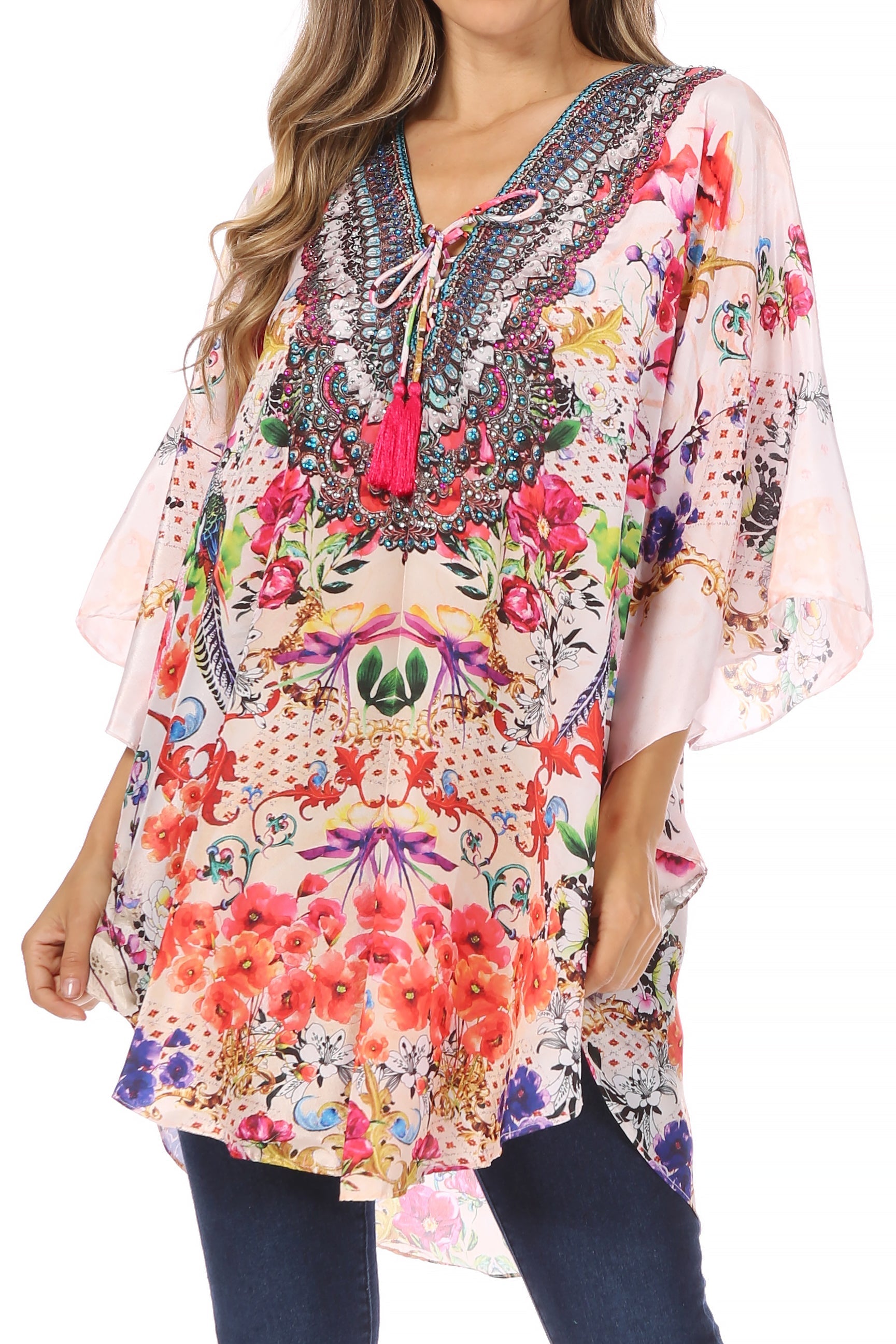 Sakkas - Tallulah Wide Circle Blouse V Neck Top With Tassle Ties And Rhinestones