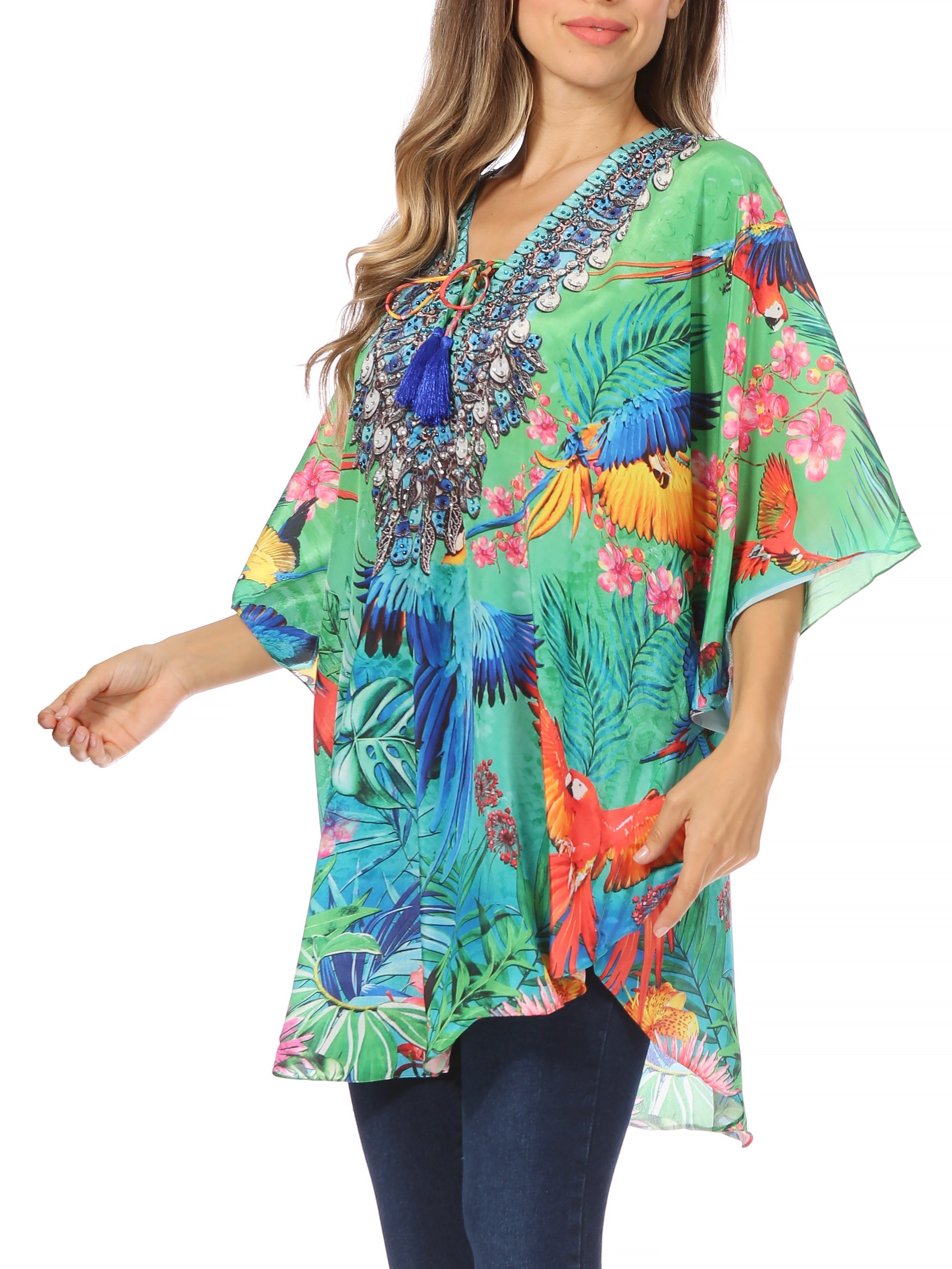 Sakkas - Tallulah Wide Circle Blouse V Neck Top With Tassle Ties And Rhinestones