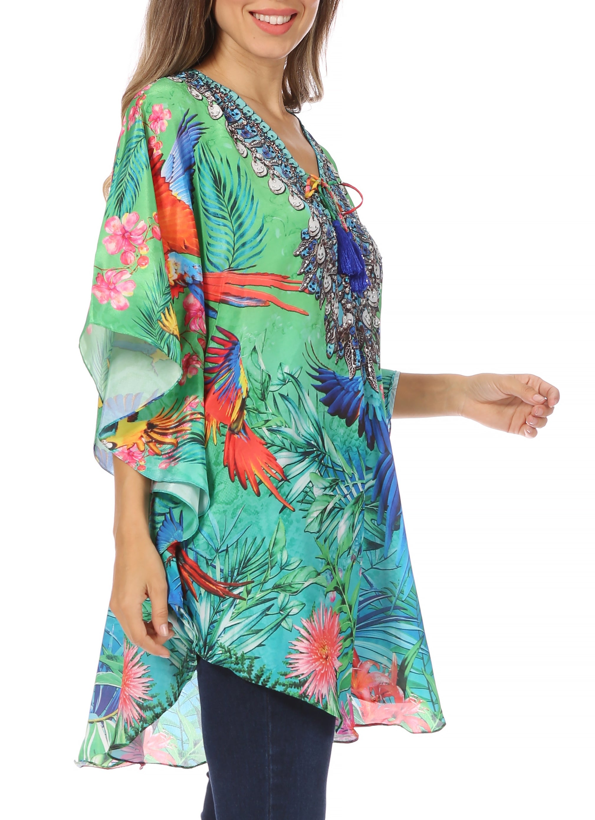 Sakkas - Tallulah Wide Circle Blouse V Neck Top With Tassle Ties And Rhinestones