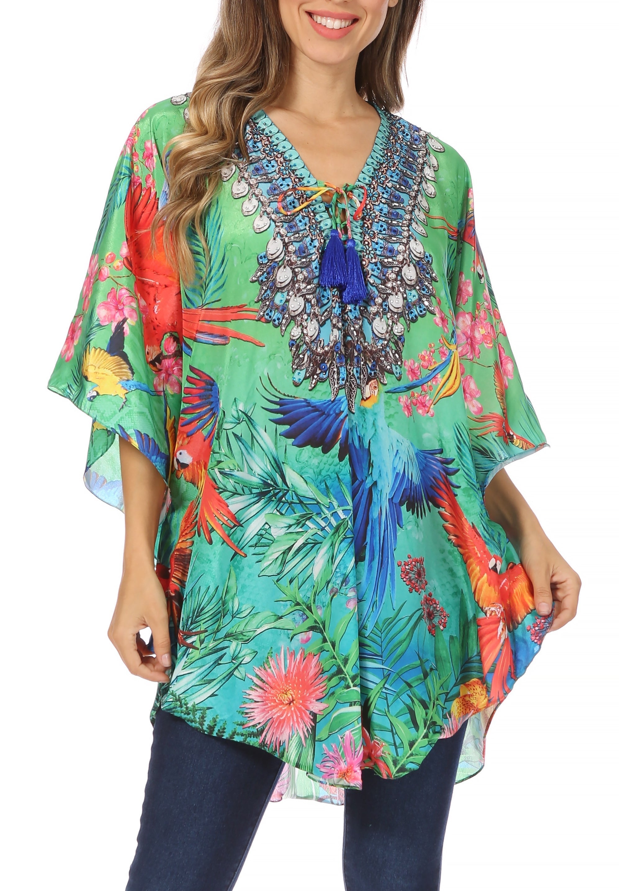 Sakkas - Tallulah Wide Circle Blouse V Neck Top With Tassle Ties And Rhinestones