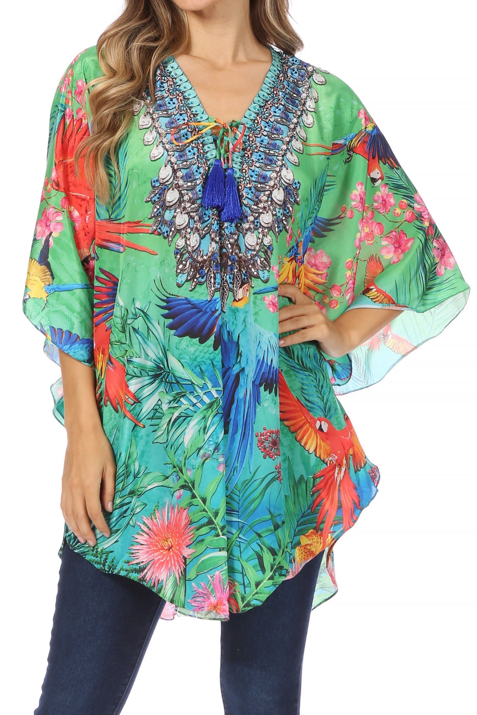 Sakkas - Tallulah Wide Circle Blouse V Neck Top With Tassle Ties And Rhinestones