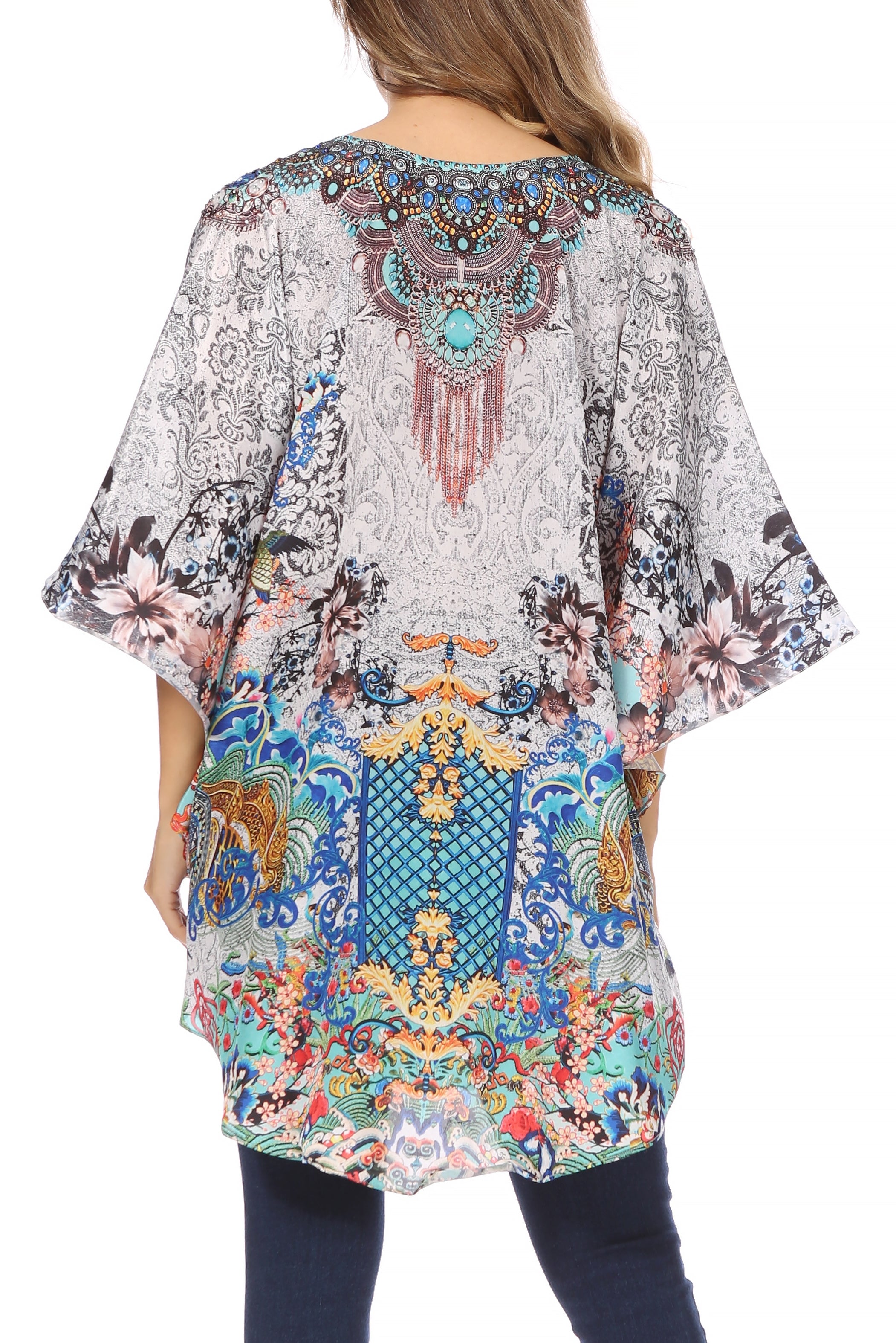 Sakkas - Tallulah Wide Circle Blouse V Neck Top With Tassle Ties And Rhinestones