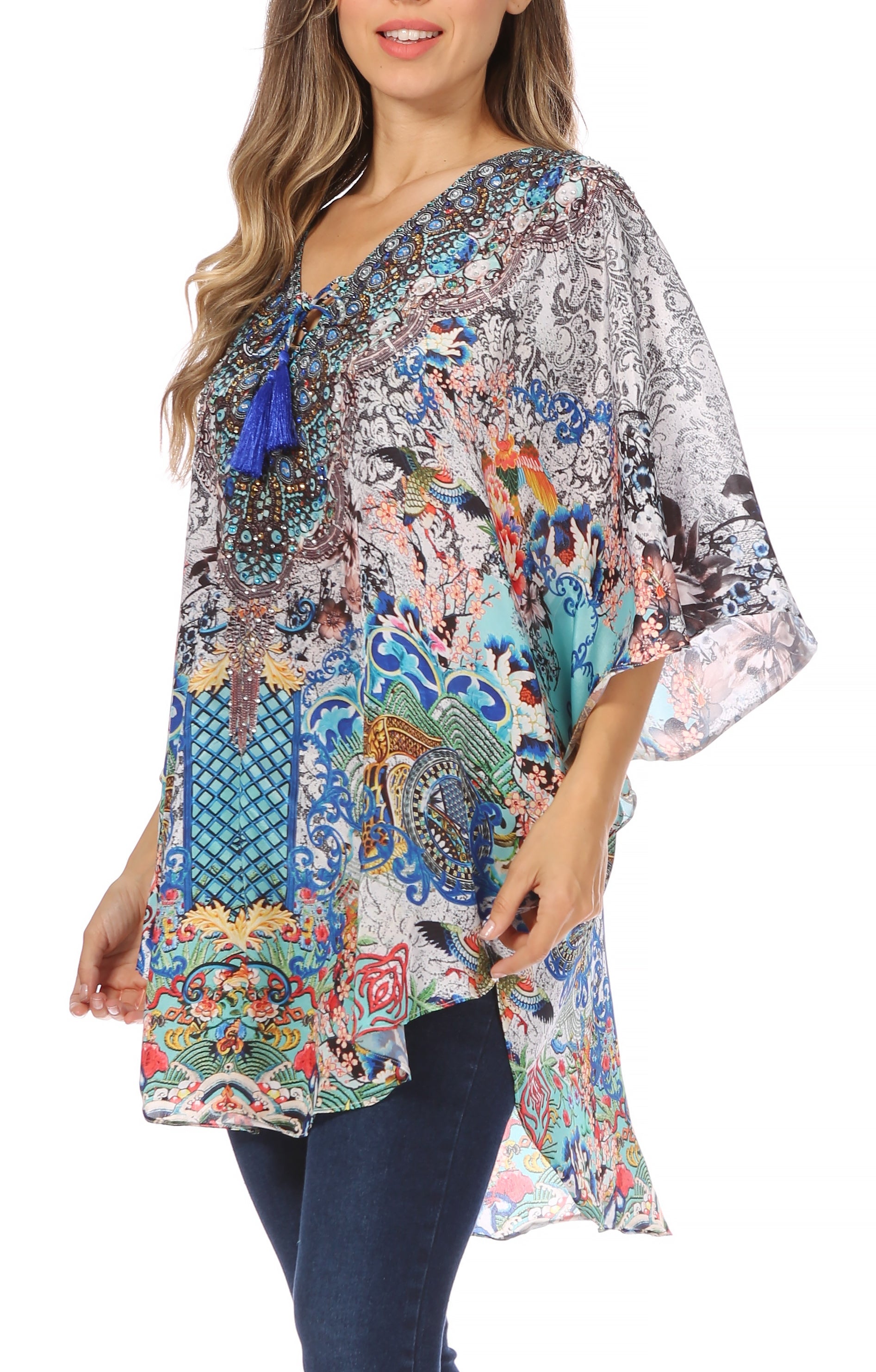 Sakkas - Tallulah Wide Circle Blouse V Neck Top With Tassle Ties And Rhinestones