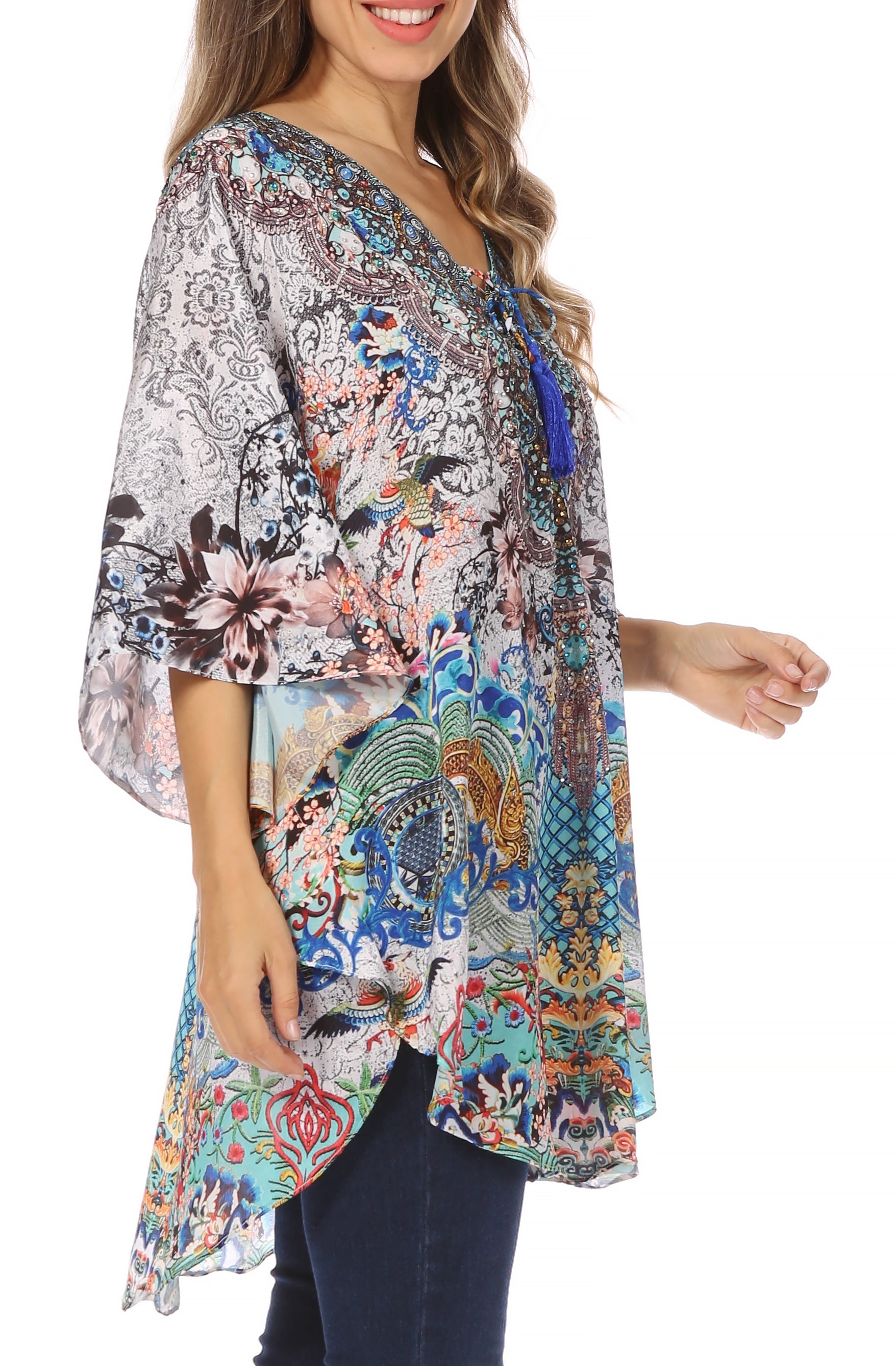 Sakkas - Tallulah Wide Circle Blouse V Neck Top With Tassle Ties And Rhinestones