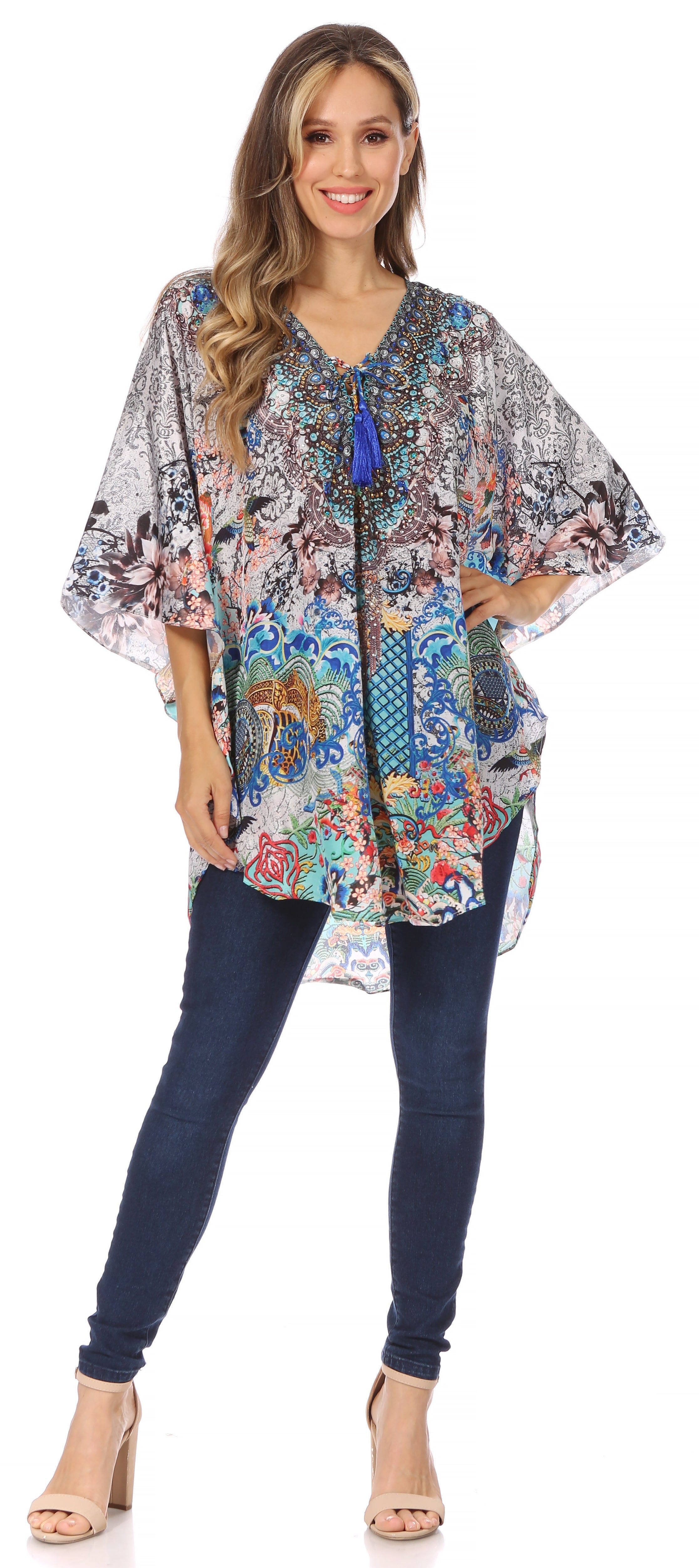 Sakkas - Tallulah Wide Circle Blouse V Neck Top With Tassle Ties And Rhinestones