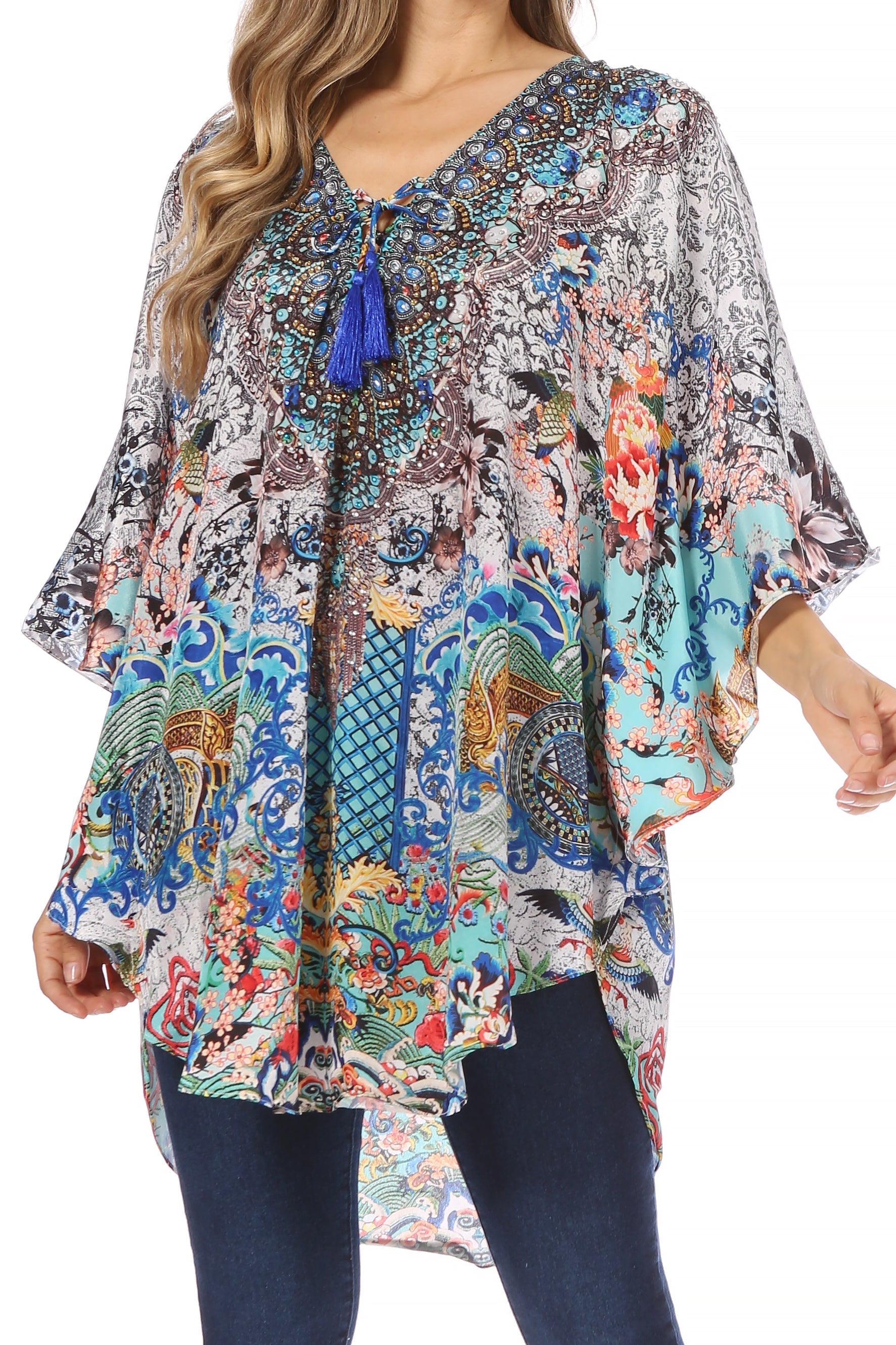 Sakkas - Tallulah Wide Circle Blouse V Neck Top With Tassle Ties And Rhinestones
