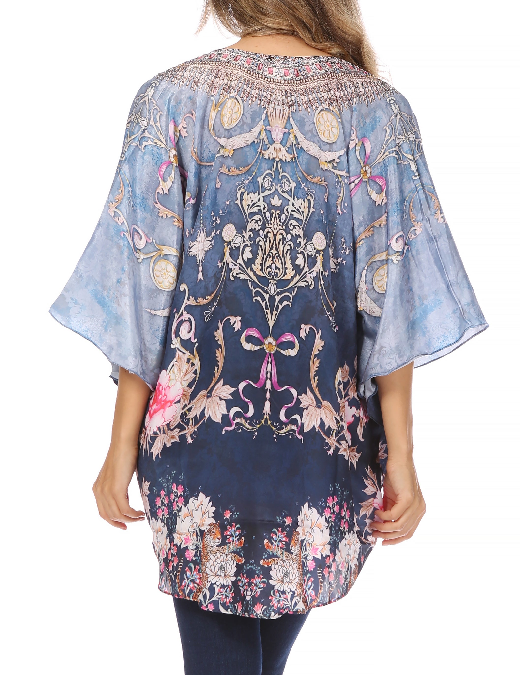 Sakkas - Tallulah Wide Circle Blouse V Neck Top With Tassle Ties And Rhinestones