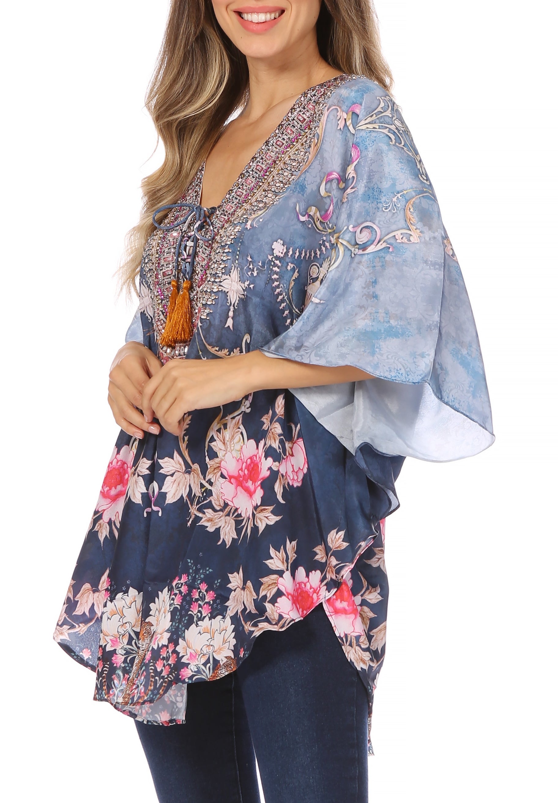 Sakkas - Tallulah Wide Circle Blouse V Neck Top With Tassle Ties And Rhinestones
