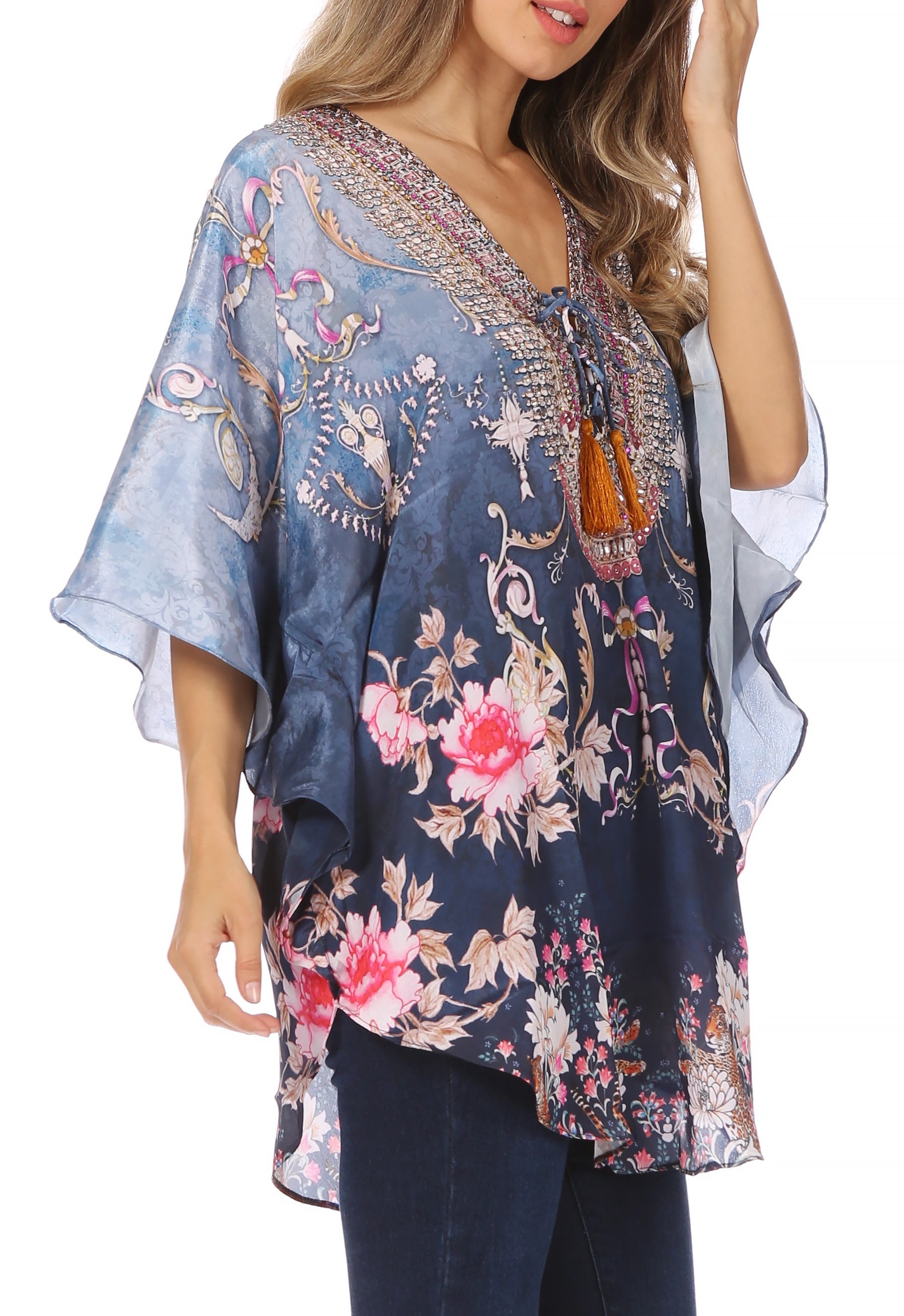 Sakkas - Tallulah Wide Circle Blouse V Neck Top With Tassle Ties And Rhinestones