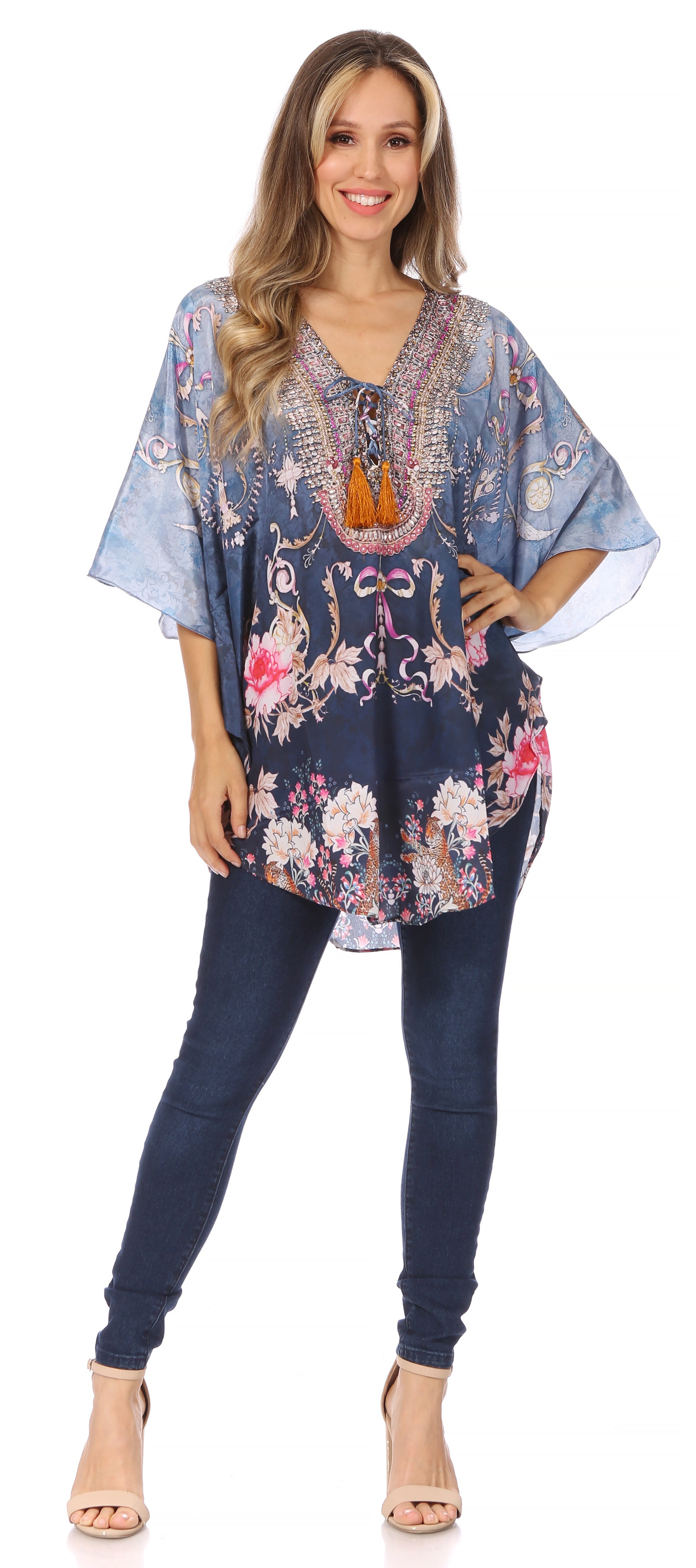 Sakkas - Tallulah Wide Circle Blouse V Neck Top With Tassle Ties And Rhinestones