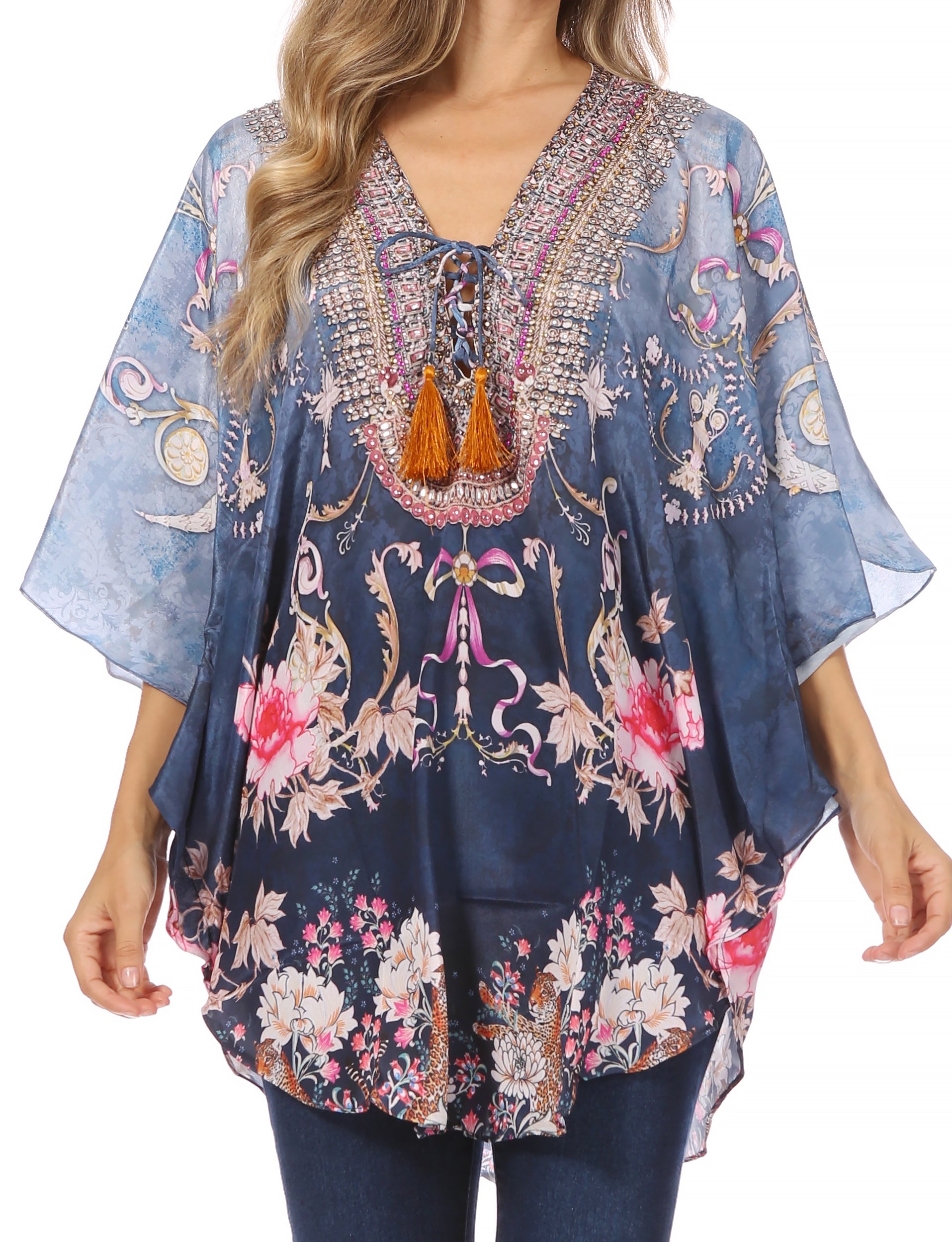 Sakkas - Tallulah Wide Circle Blouse V Neck Top With Tassle Ties And Rhinestones