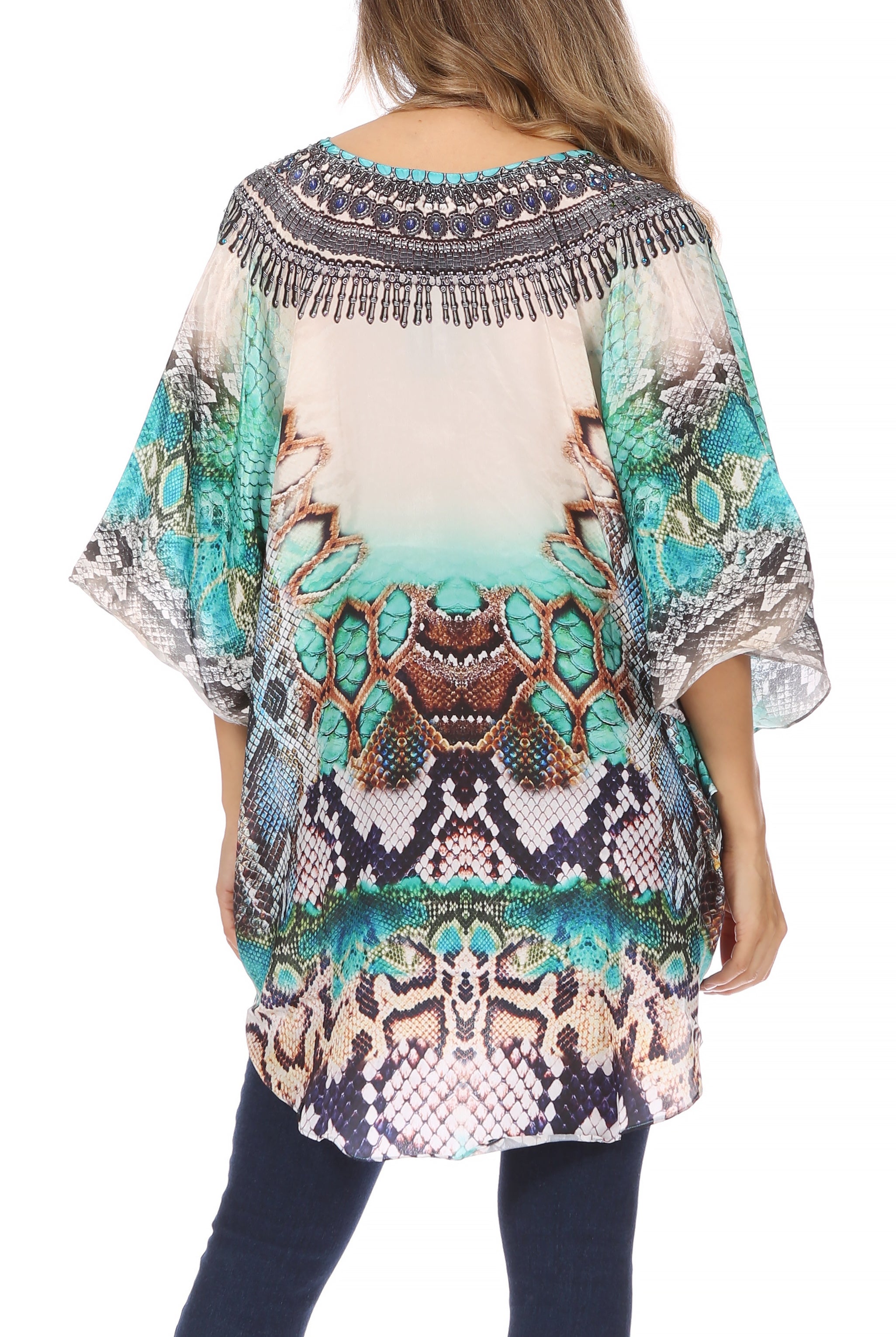 Sakkas - Tallulah Wide Circle Blouse V Neck Top With Tassle Ties And Rhinestones
