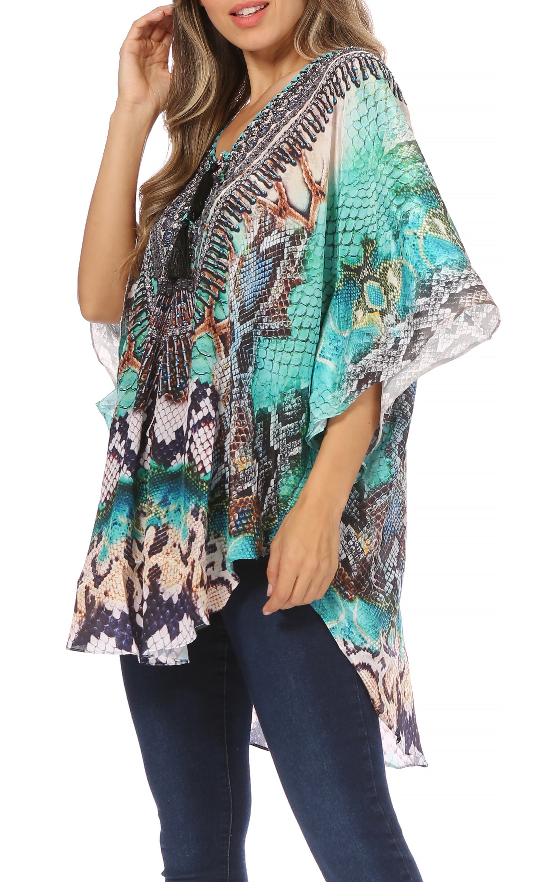 Sakkas - Tallulah Wide Circle Blouse V Neck Top With Tassle Ties And Rhinestones