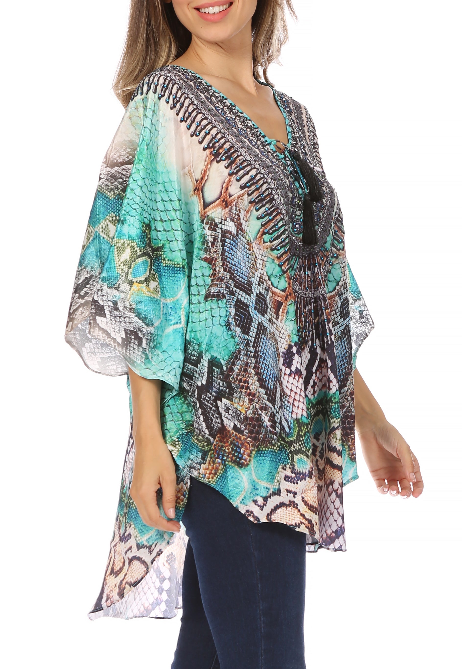 Sakkas - Tallulah Wide Circle Blouse V Neck Top With Tassle Ties And Rhinestones