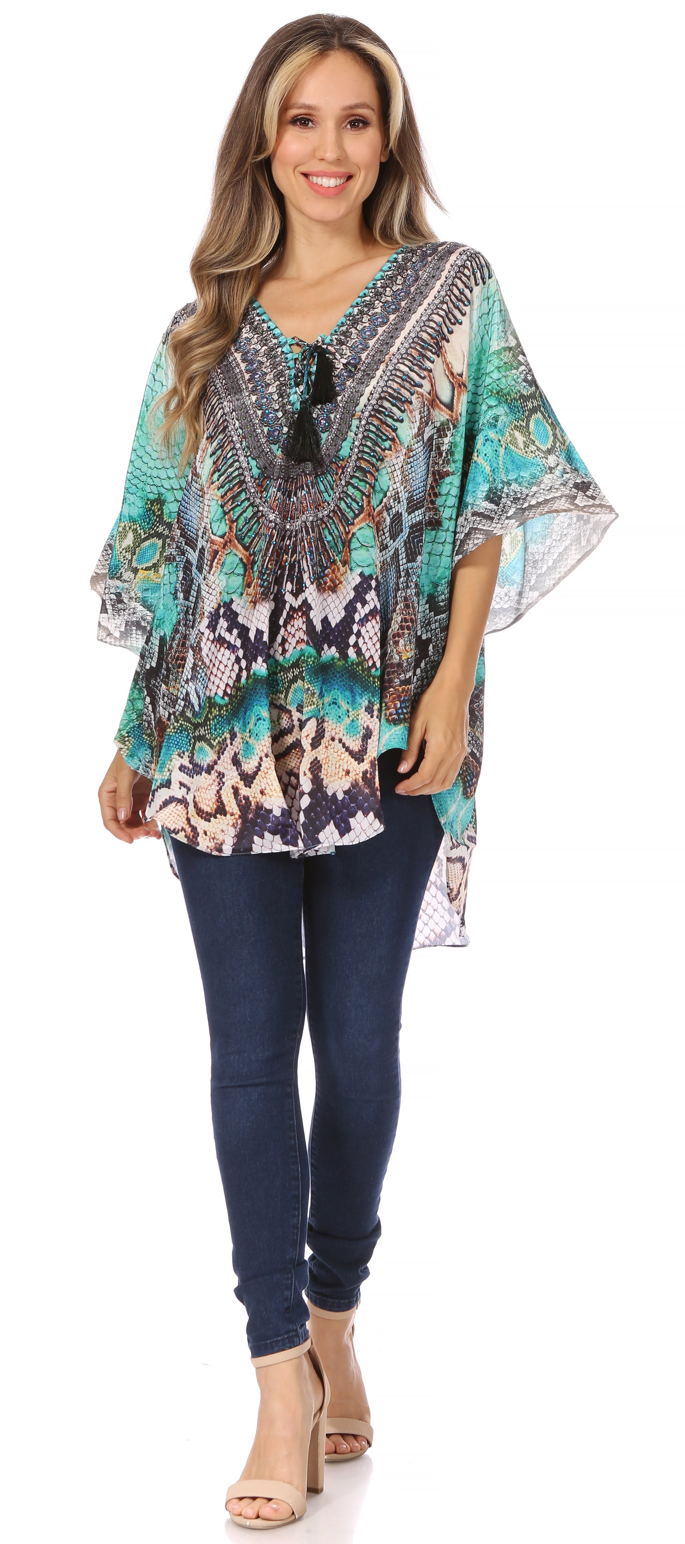 Sakkas - Tallulah Wide Circle Blouse V Neck Top With Tassle Ties And Rhinestones
