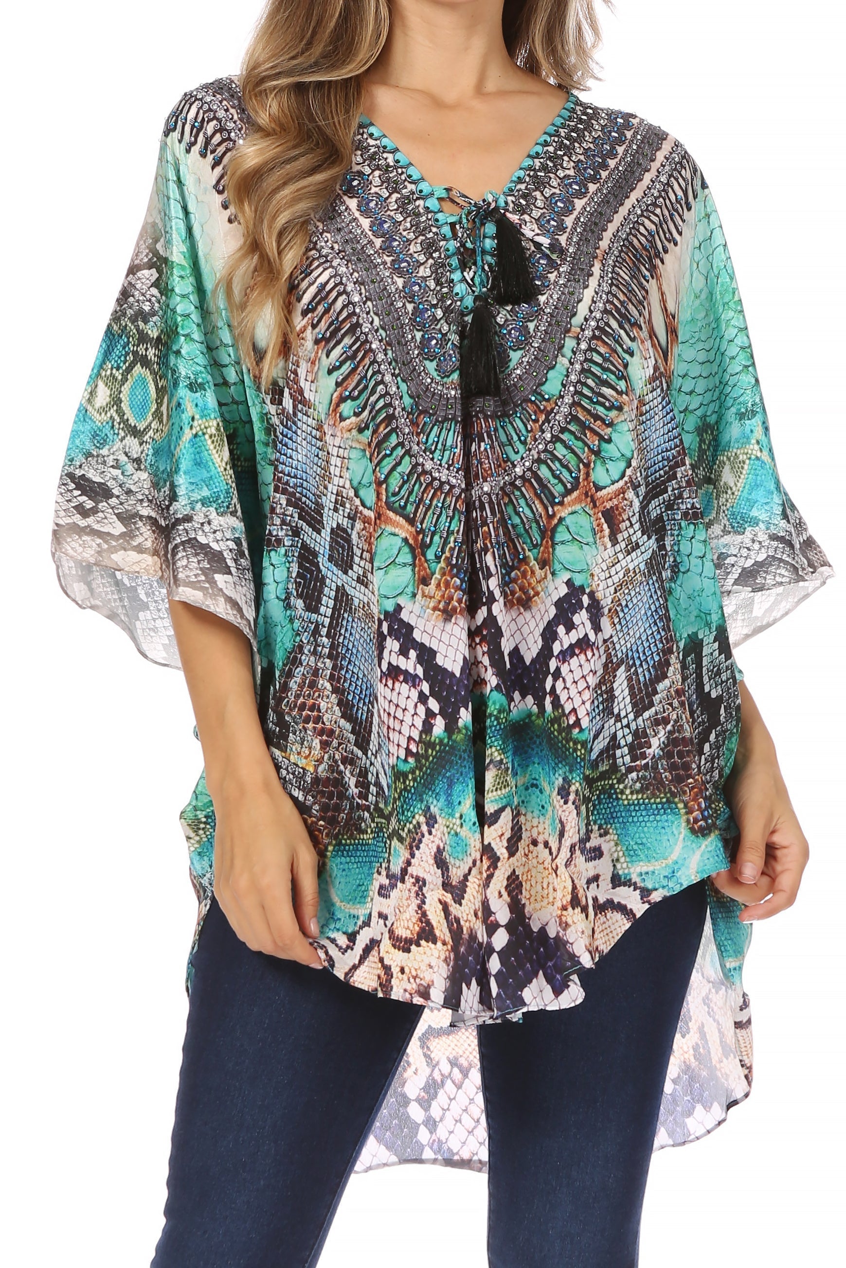 Sakkas - Tallulah Wide Circle Blouse V Neck Top With Tassle Ties And Rhinestones