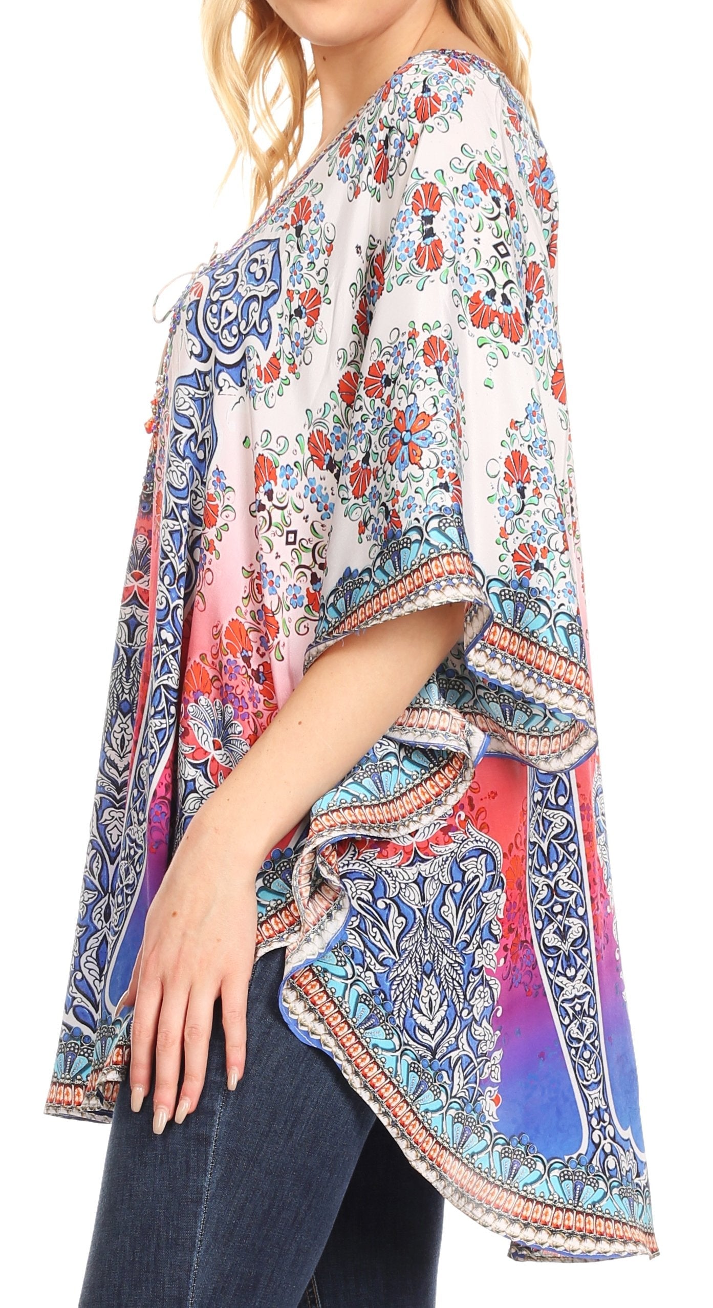 Sakkas - Tallulah Wide Circle Blouse V Neck Top With Tassle Ties And Rhinestones