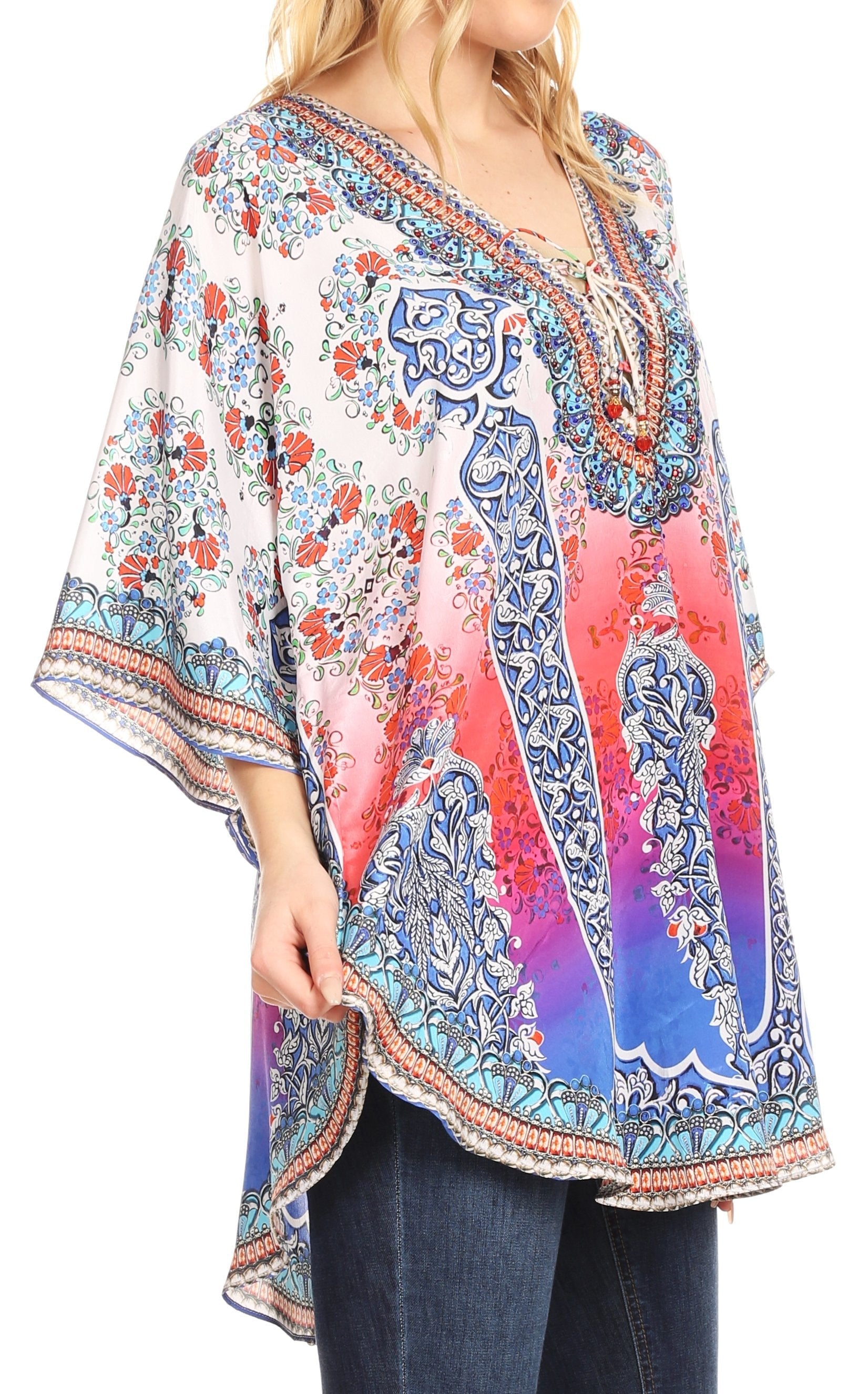 Sakkas - Tallulah Wide Circle Blouse V Neck Top With Tassle Ties And Rhinestones