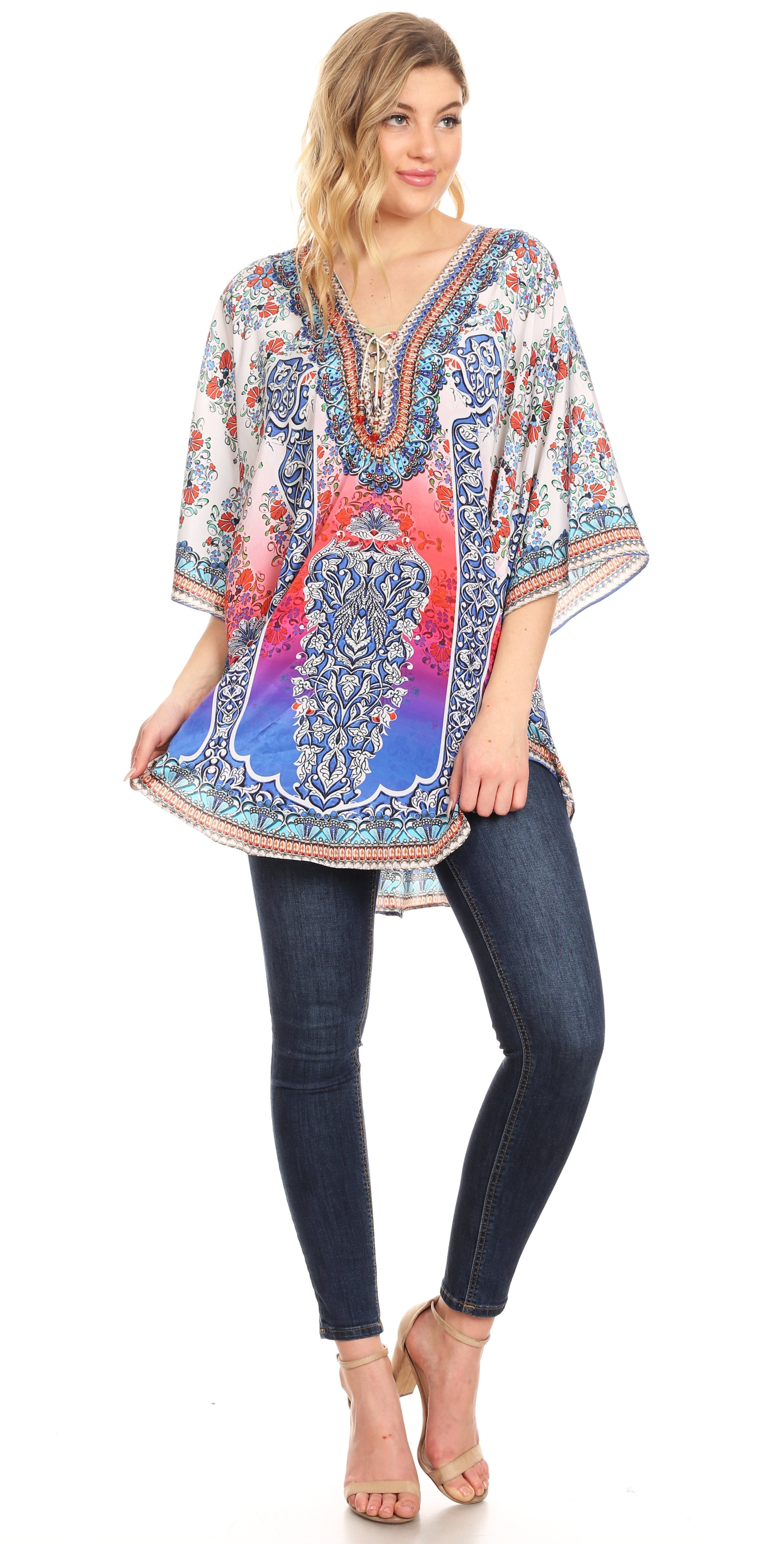 Sakkas - Tallulah Wide Circle Blouse V Neck Top With Tassle Ties And Rhinestones