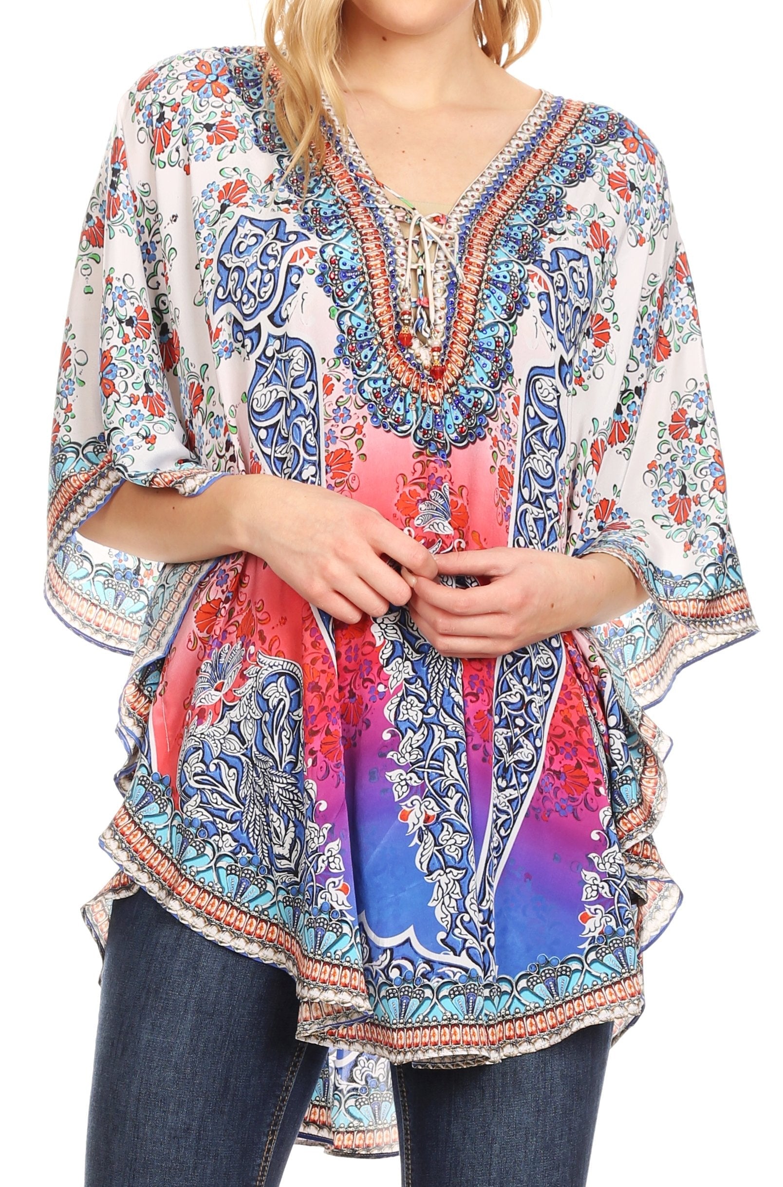 Sakkas - Tallulah Wide Circle Blouse V Neck Top With Tassle Ties And Rhinestones