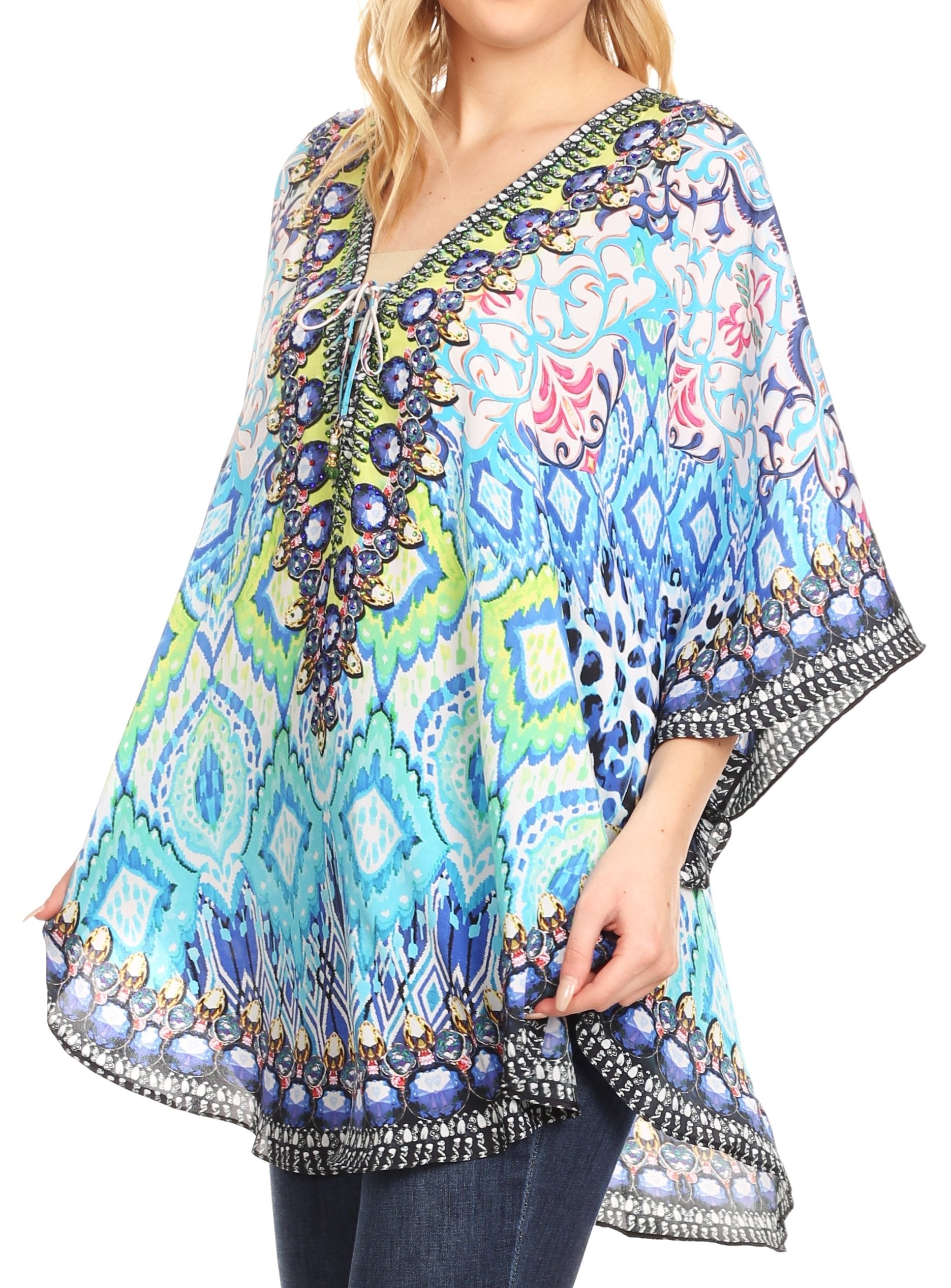Sakkas - Tallulah Wide Circle Blouse V Neck Top With Tassle Ties And Rhinestones