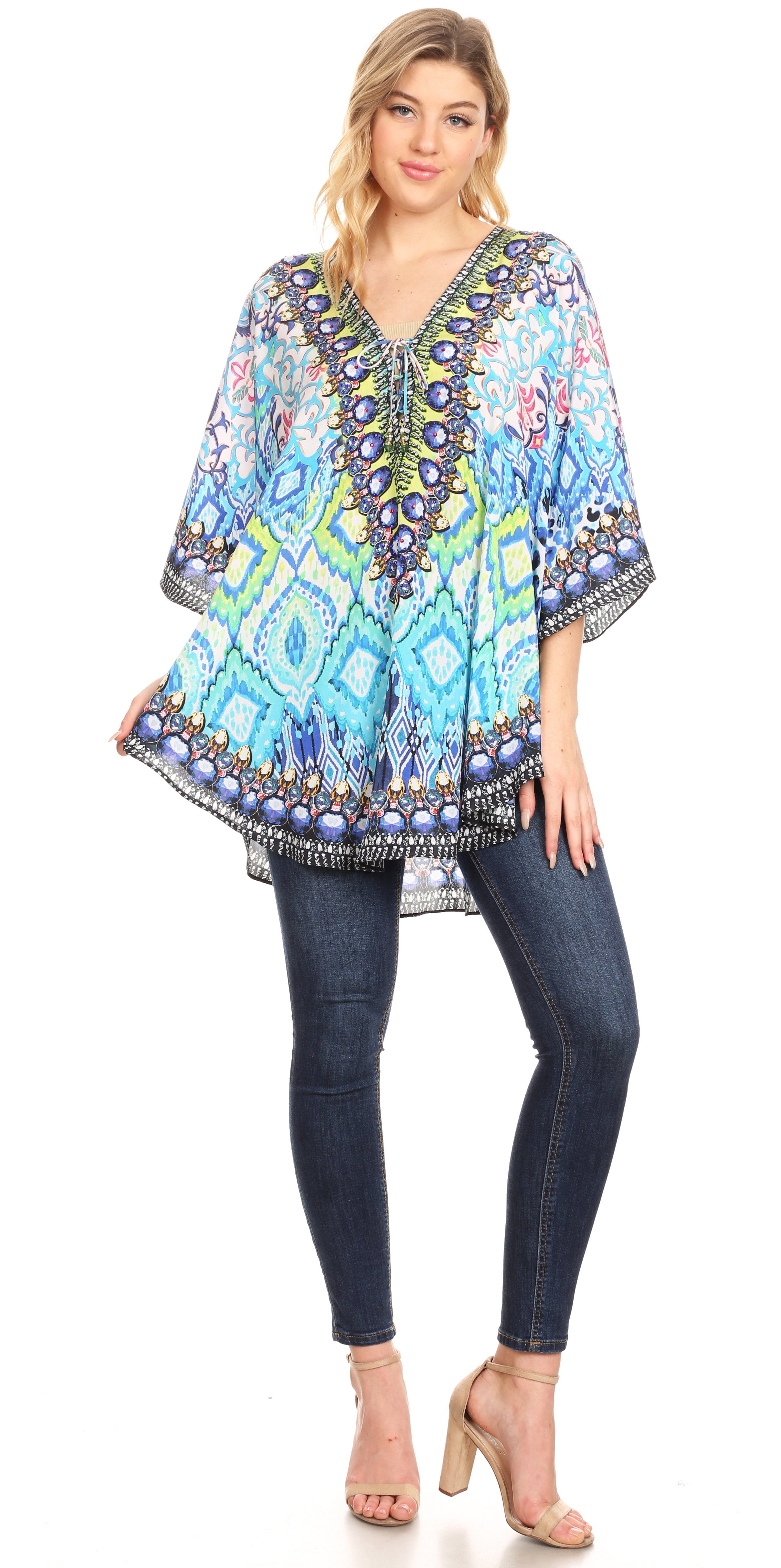 Sakkas - Tallulah Wide Circle Blouse V Neck Top With Tassle Ties And Rhinestones