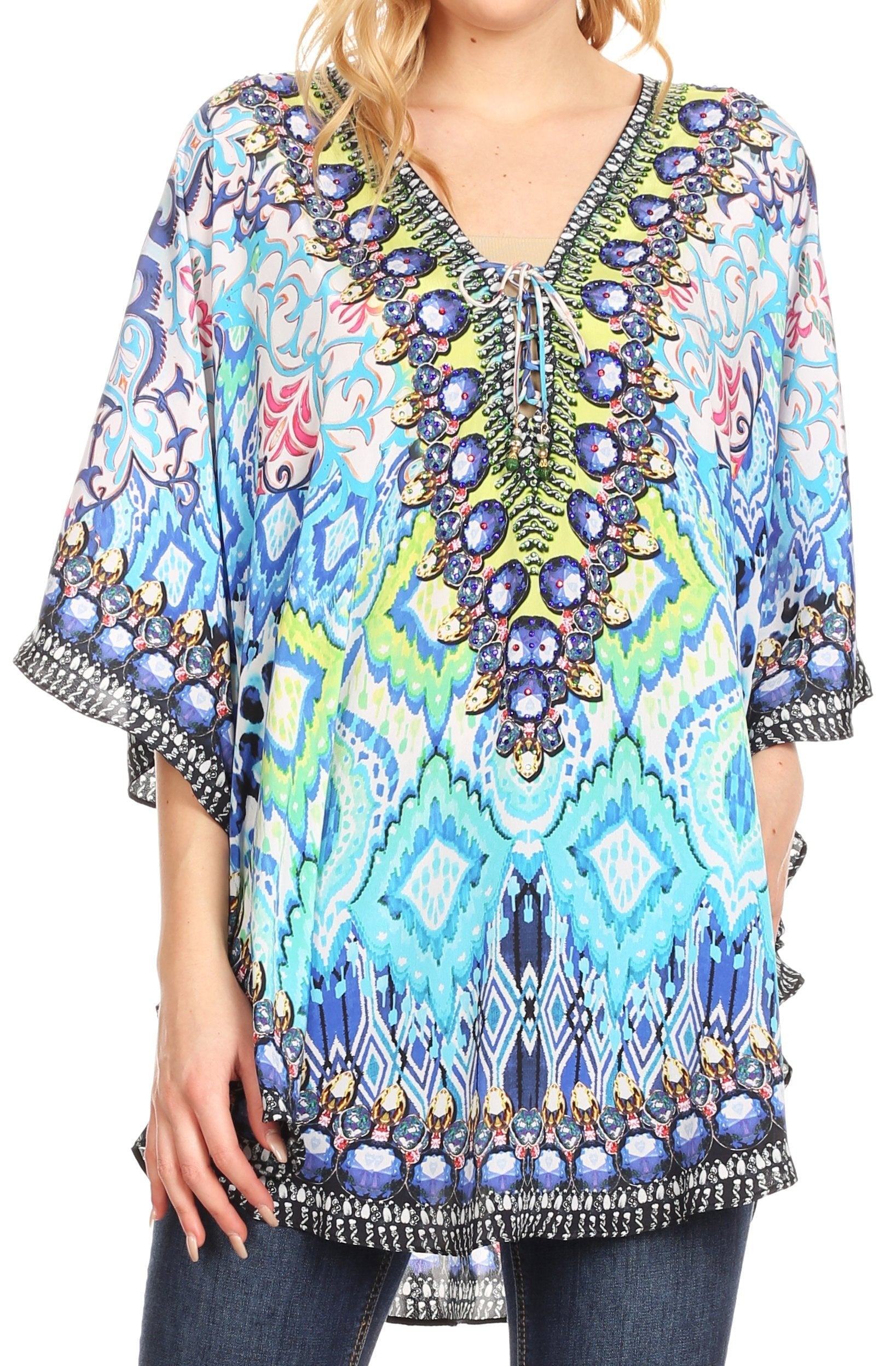 Sakkas - Tallulah Wide Circle Blouse V Neck Top With Tassle Ties And Rhinestones