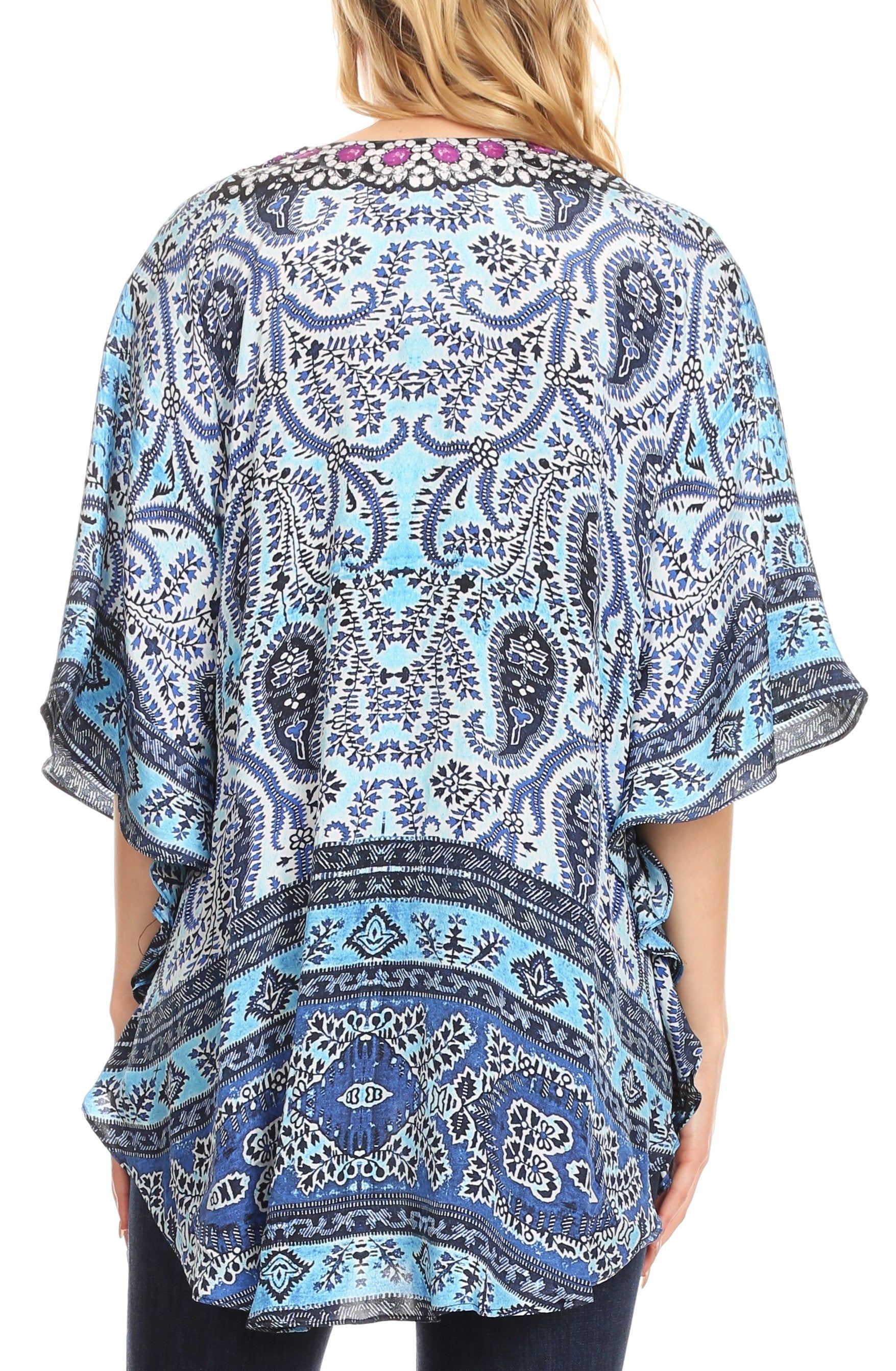 Sakkas - Tallulah Wide Circle Blouse V Neck Top With Tassle Ties And Rhinestones