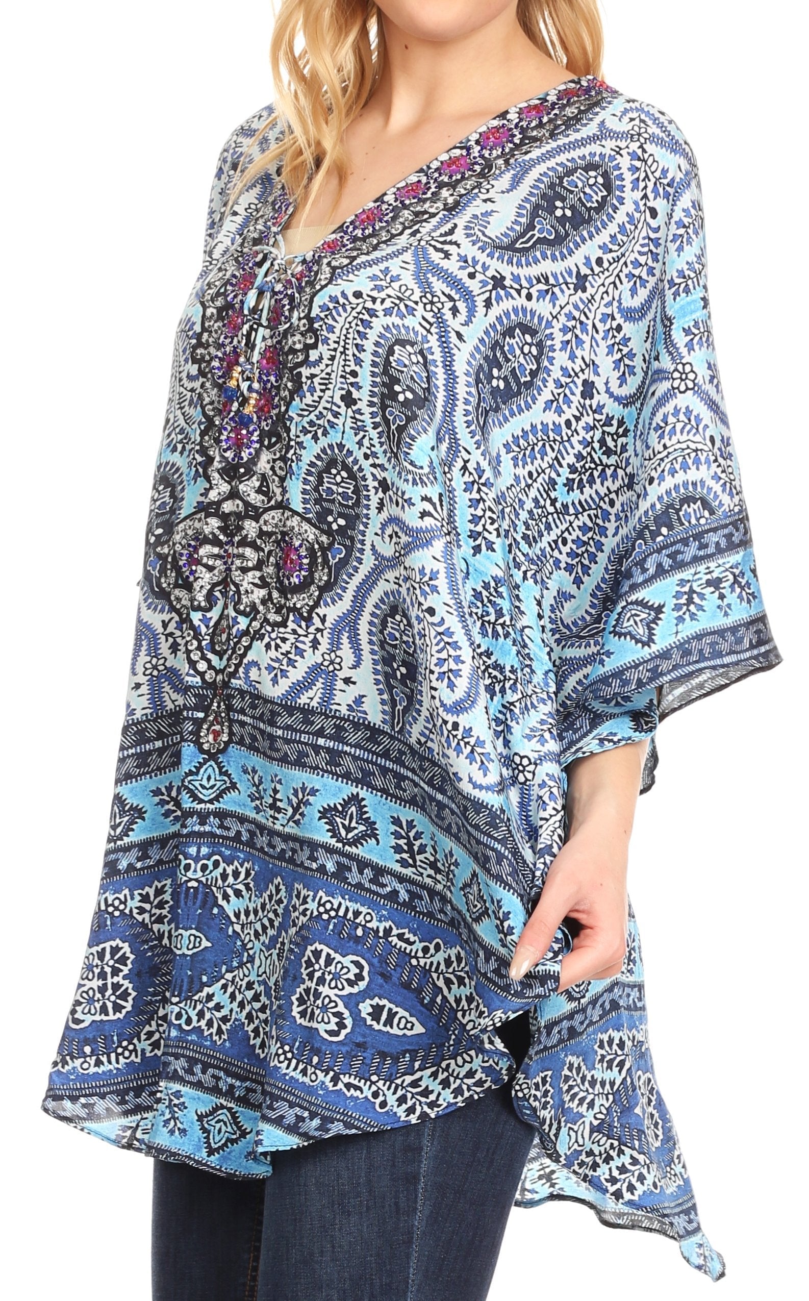 Sakkas - Tallulah Wide Circle Blouse V Neck Top With Tassle Ties And Rhinestones