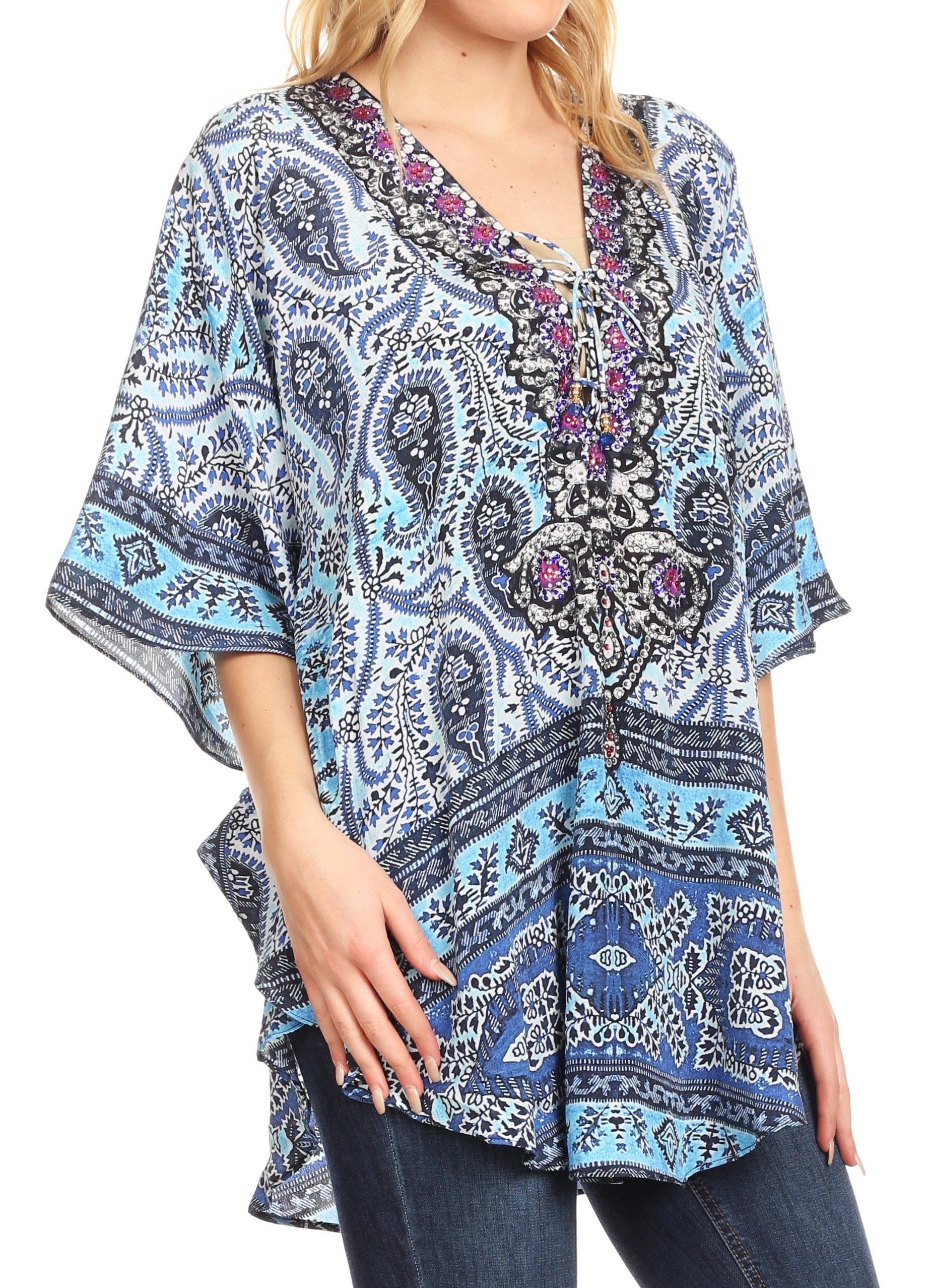 Sakkas - Tallulah Wide Circle Blouse V Neck Top With Tassle Ties And Rhinestones