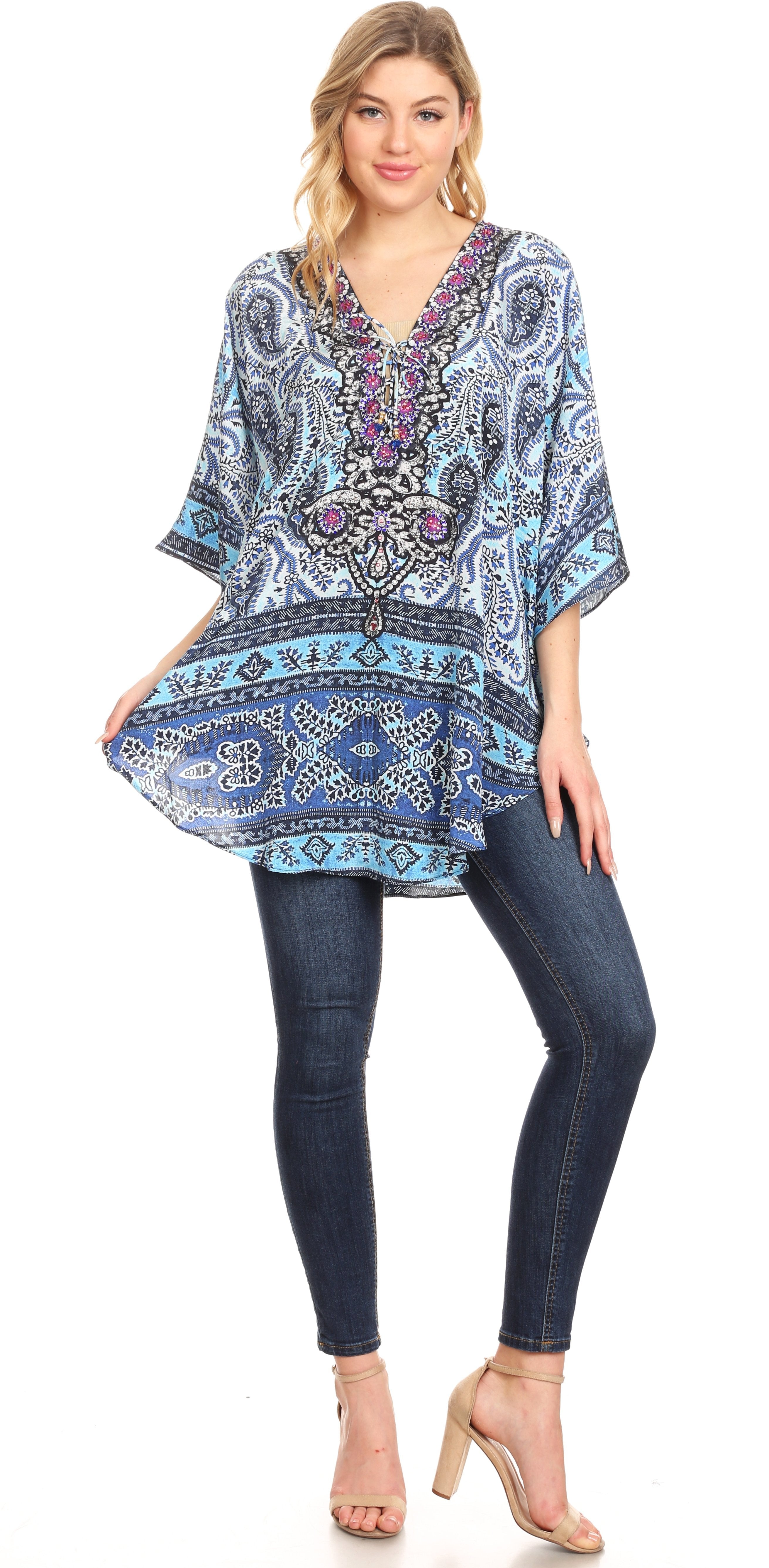 Sakkas - Tallulah Wide Circle Blouse V Neck Top With Tassle Ties And Rhinestones