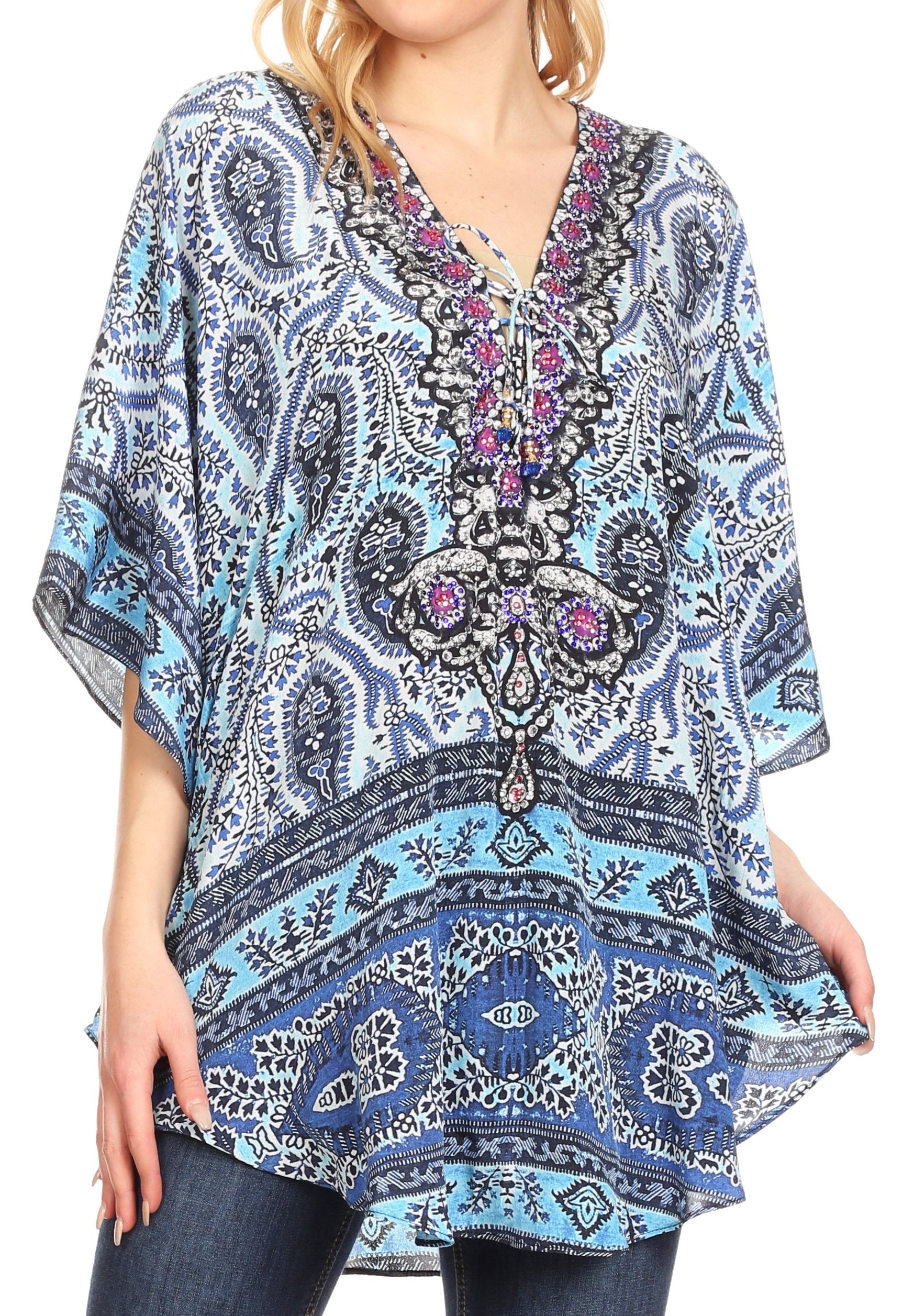 Sakkas - Tallulah Wide Circle Blouse V Neck Top With Tassle Ties And Rhinestones