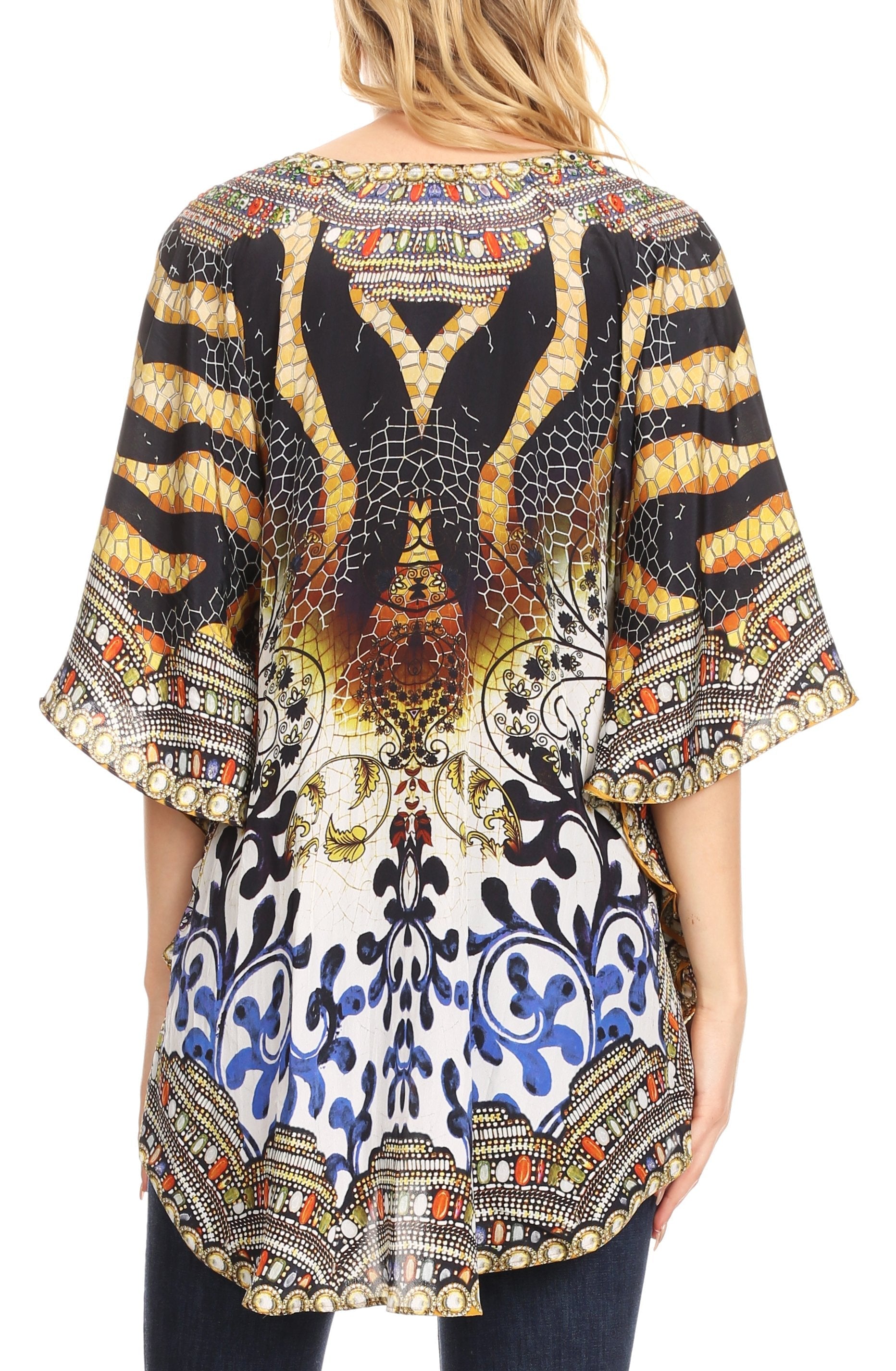 Sakkas - Tallulah Wide Circle Blouse V Neck Top With Tassle Ties And Rhinestones