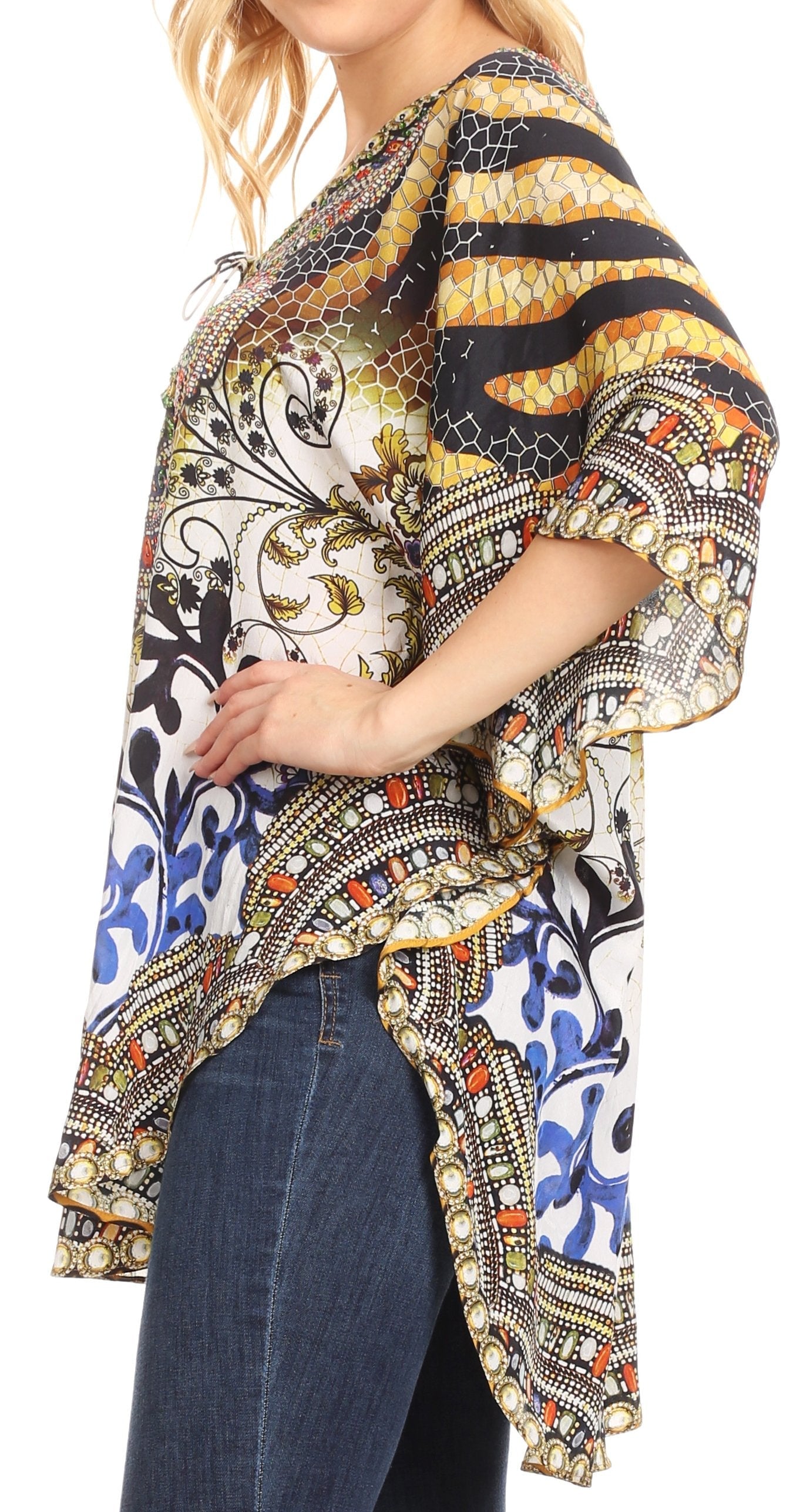 Sakkas - Tallulah Wide Circle Blouse V Neck Top With Tassle Ties And Rhinestones