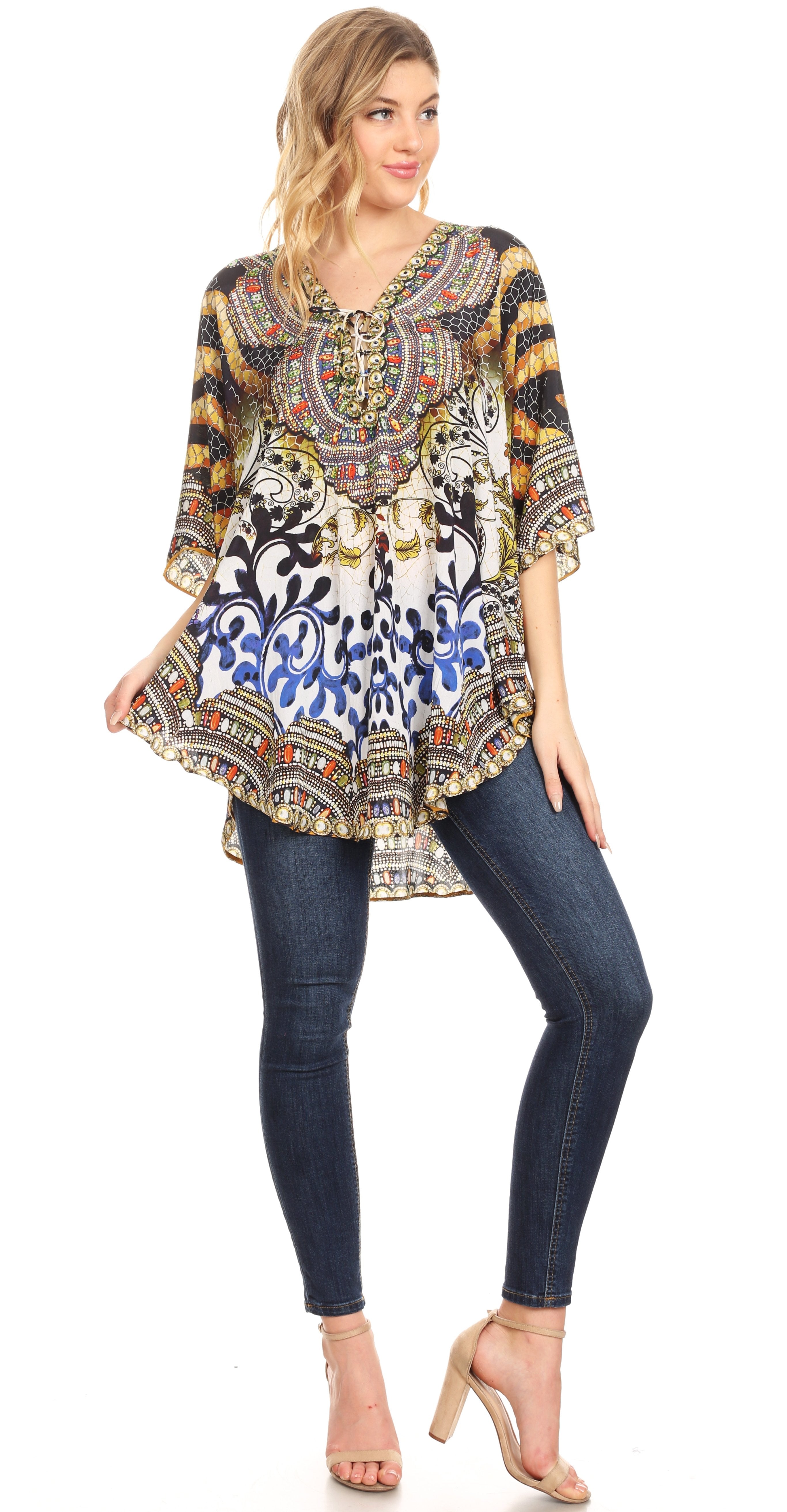 Sakkas - Tallulah Wide Circle Blouse V Neck Top With Tassle Ties And Rhinestones